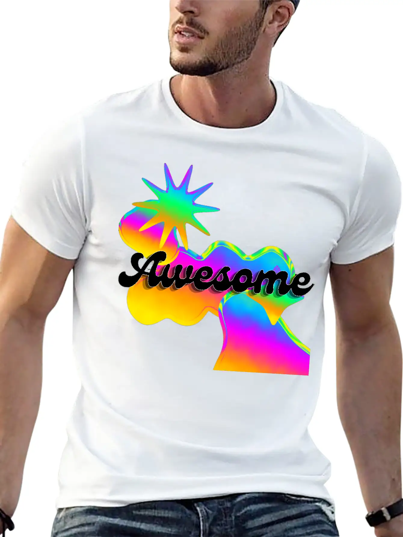 "Awesome" Retro Neon Shapes Design Stylish Everyday T-Shirt – Unisex Basic Cotton Tee