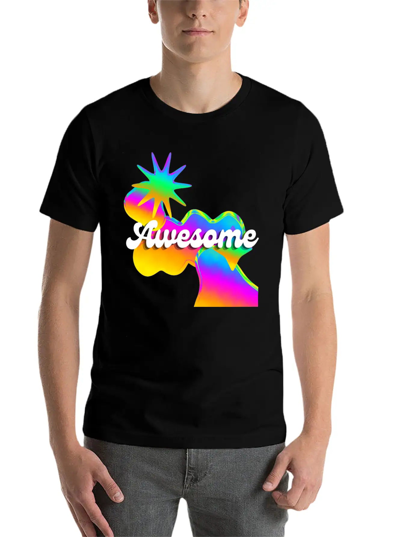 "Awesome" Retro Neon Shapes Design Stylish Everyday T-Shirt – Unisex Basic Cotton Tee