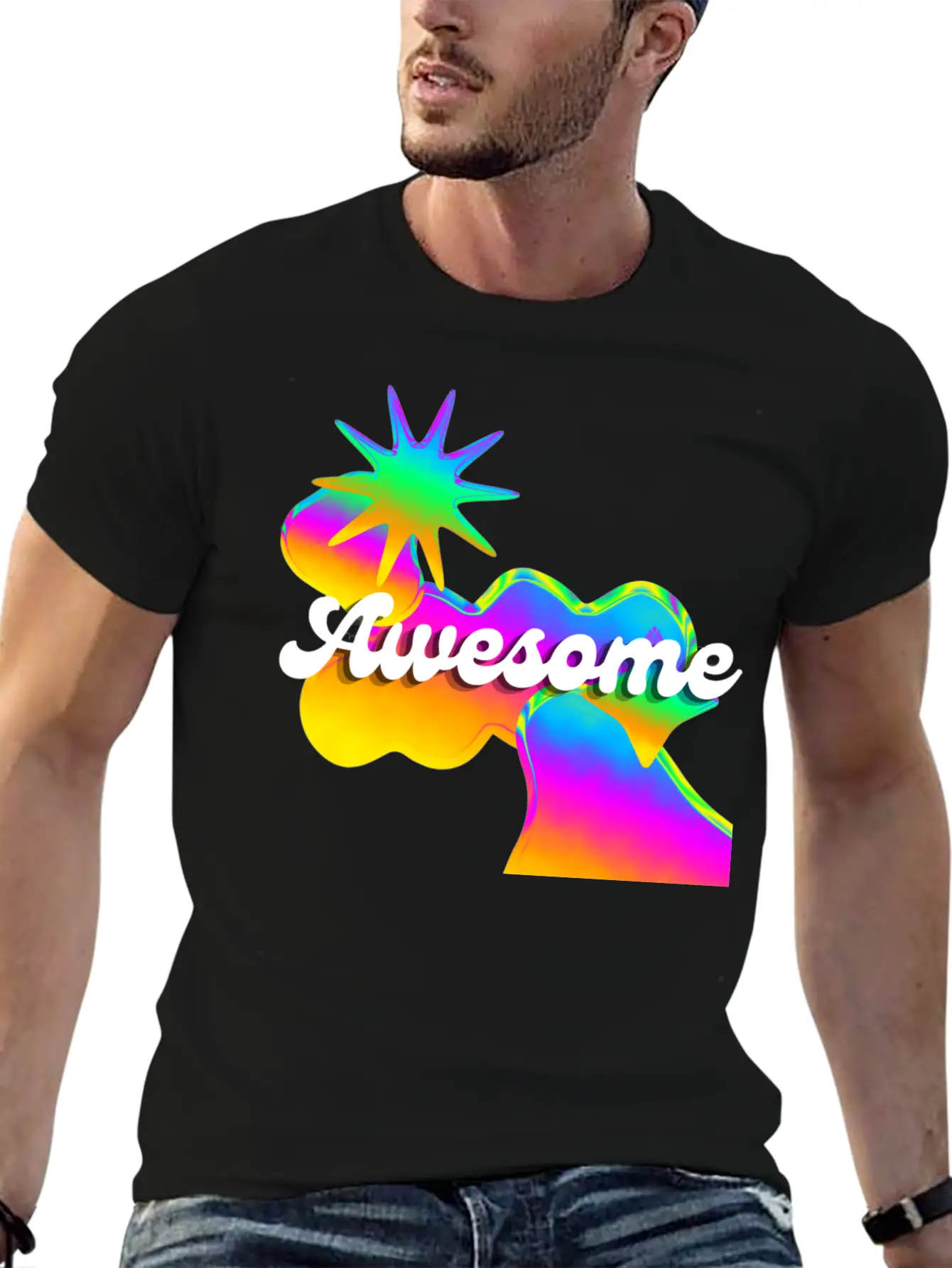 "Awesome" Retro Neon Shapes Design Stylish Everyday T-Shirt – Unisex Basic Cotton Tee