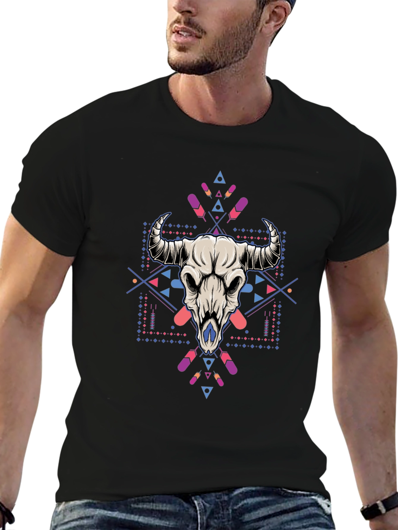 Bull Skull Graphic Tee - Stylish Mens Black T-Shirt