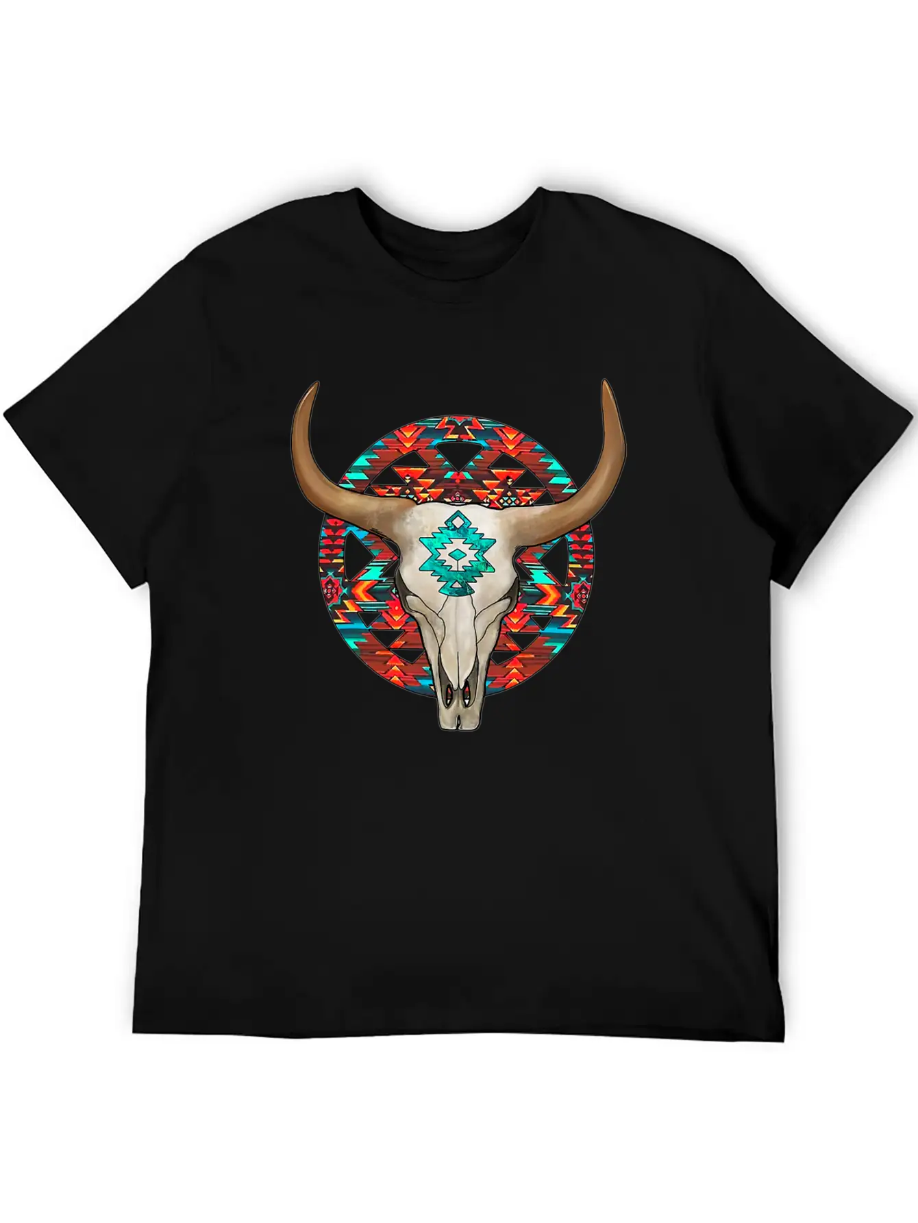 Aztec Bull Skull Unisex Short Sleeve Soft Cotton T-Shirt – Casual Everyday Wear