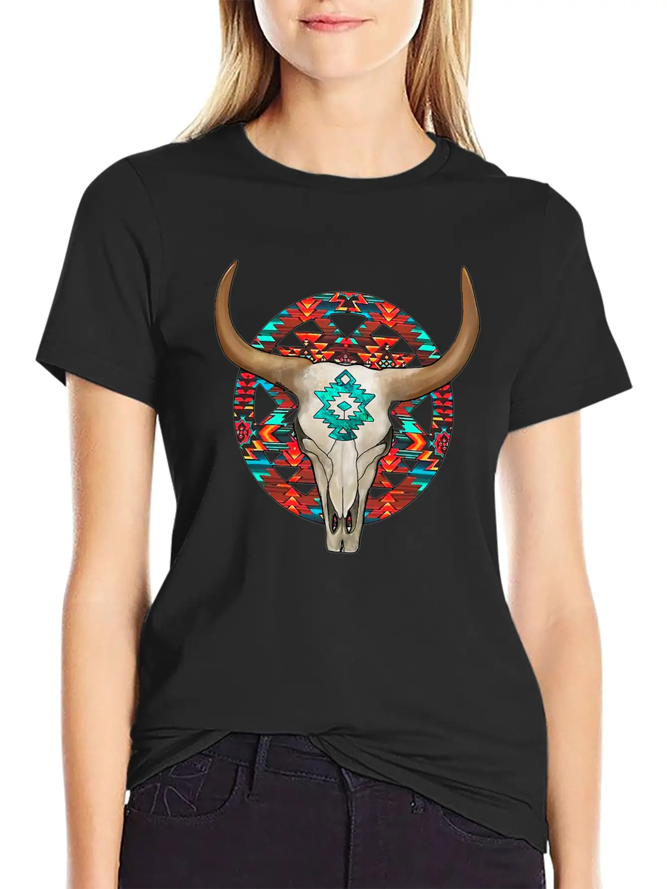 Aztec Bull Skull Unisex Short Sleeve Soft Cotton T-Shirt – Casual Everyday Wear