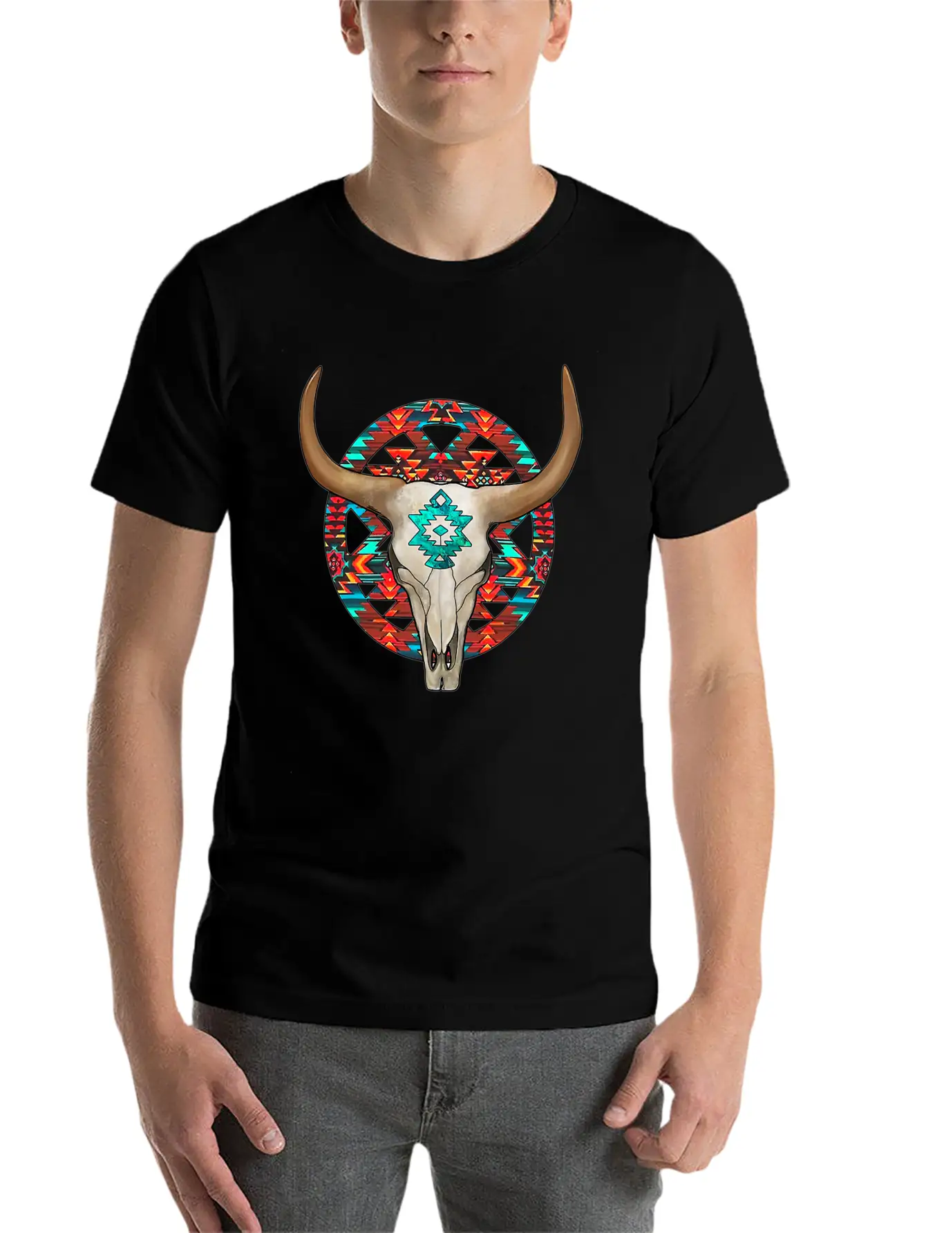 Aztec Bull Skull Unisex Short Sleeve Soft Cotton T-Shirt – Casual Everyday Wear