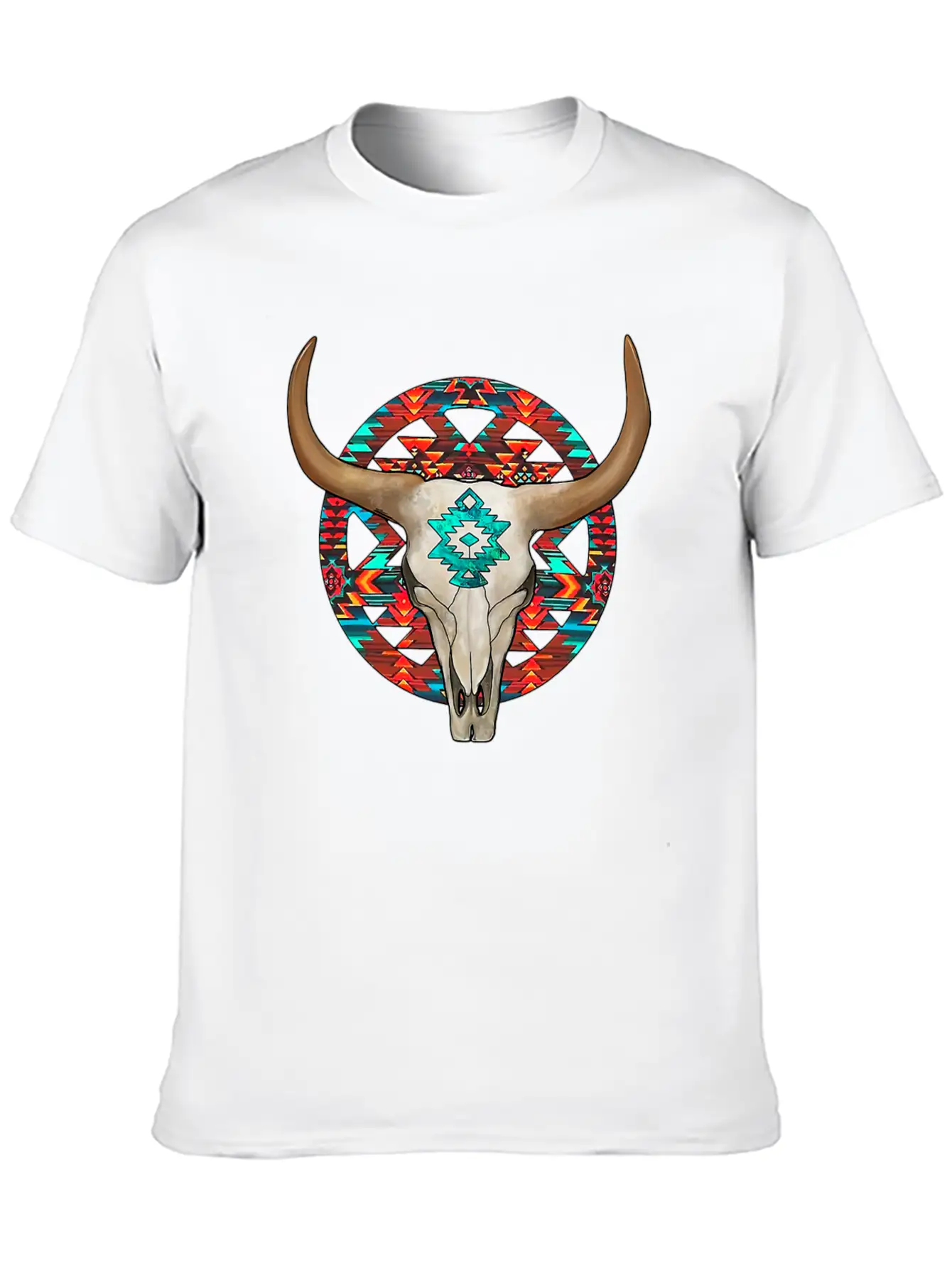 Aztec Bull Skull Unisex Short Sleeve Soft Cotton T-Shirt – Casual Everyday Wear