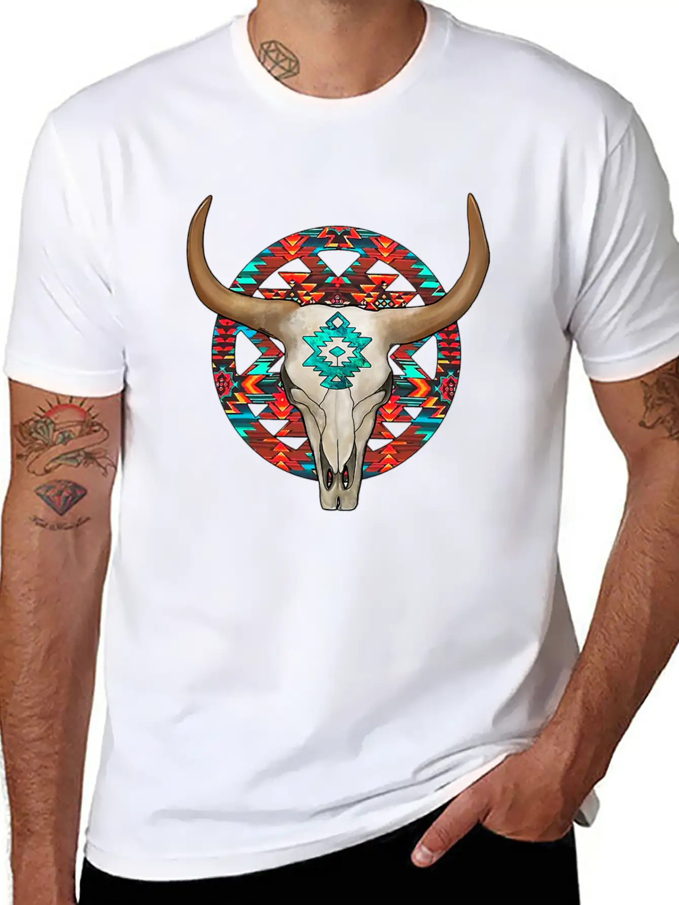 Aztec Bull Skull Unisex Short Sleeve Soft Cotton T-Shirt – Casual Everyday Wear