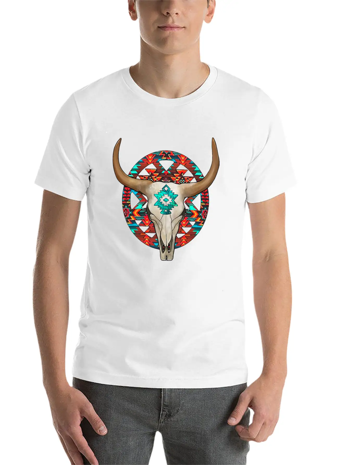 Aztec Bull Skull Unisex Short Sleeve Soft Cotton T-Shirt – Casual Everyday Wear