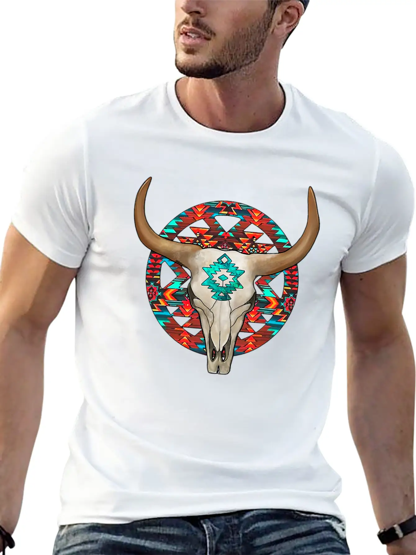 Aztec Bull Skull Unisex Short Sleeve Soft Cotton T-Shirt – Casual Everyday Wear