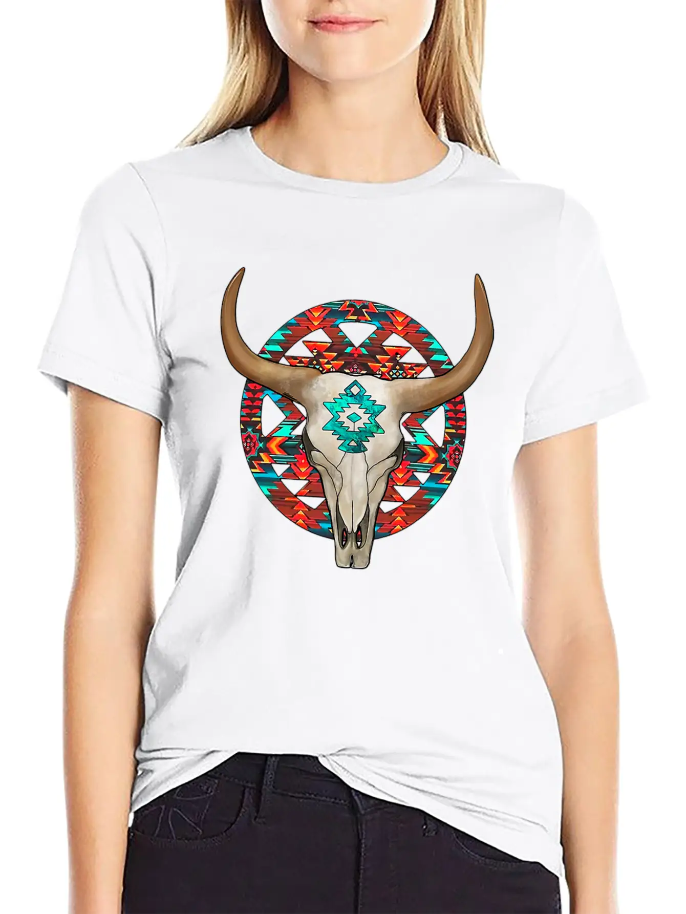 Aztec Bull Skull Unisex Short Sleeve Soft Cotton T-Shirt – Casual Everyday Wear
