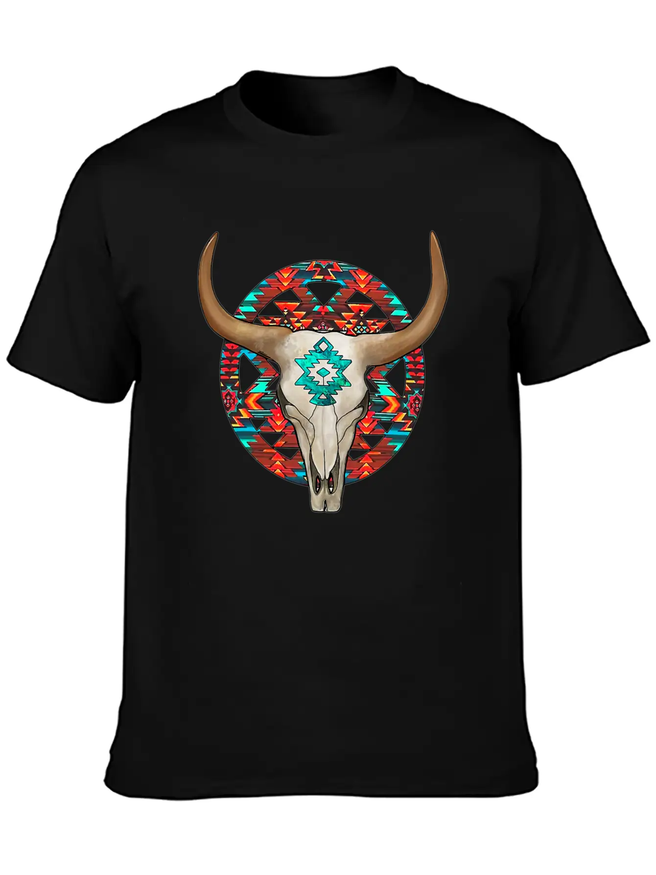 Aztec Bull Skull Unisex Short Sleeve Soft Cotton T-Shirt – Casual Everyday Wear