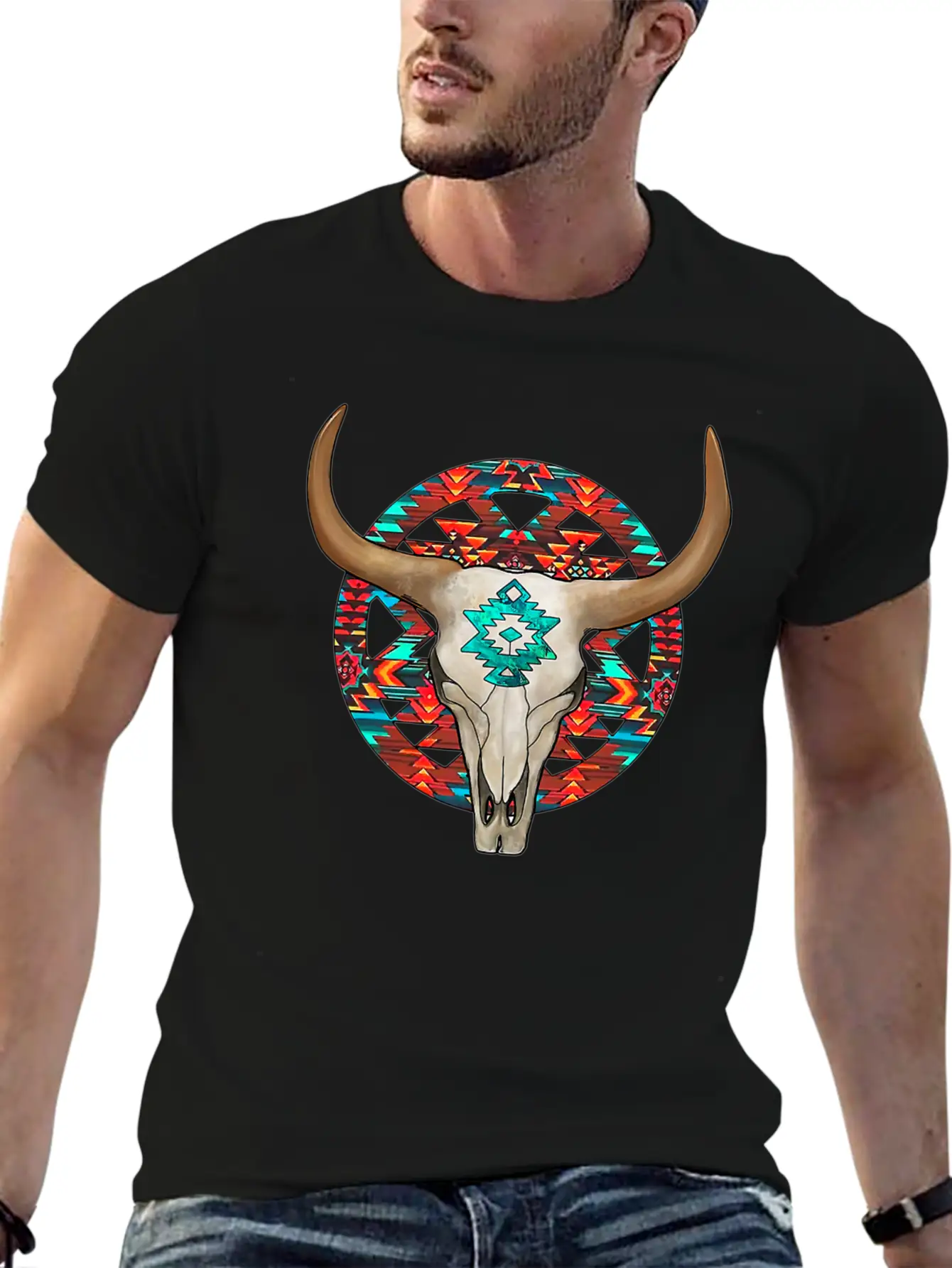 Aztec Bull Skull Unisex Short Sleeve Soft Cotton T-Shirt – Casual Everyday Wear