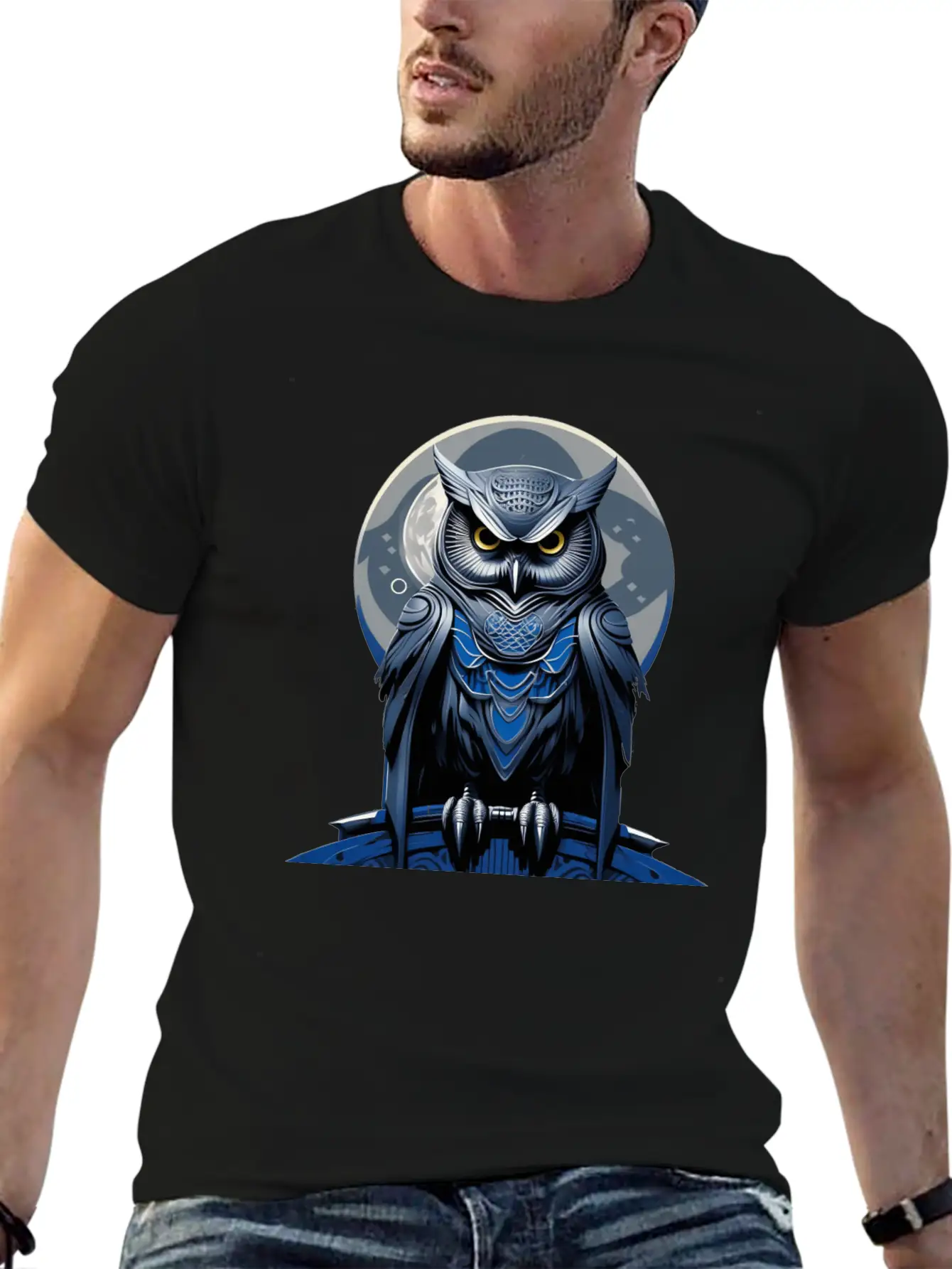 Azure Whispers Of Night: Mysterious Owl Fashion Comfortable Minimalist Graphic Tee – Summer Style Essential