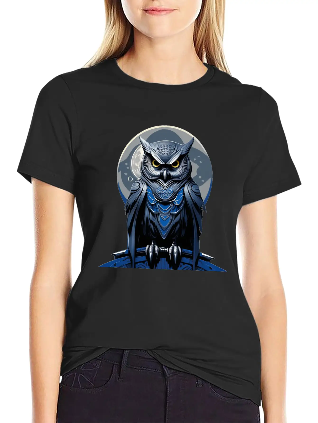 Azure Whispers Of Night: Mysterious Owl Fashion Comfortable Minimalist Graphic Tee – Summer Style Essential