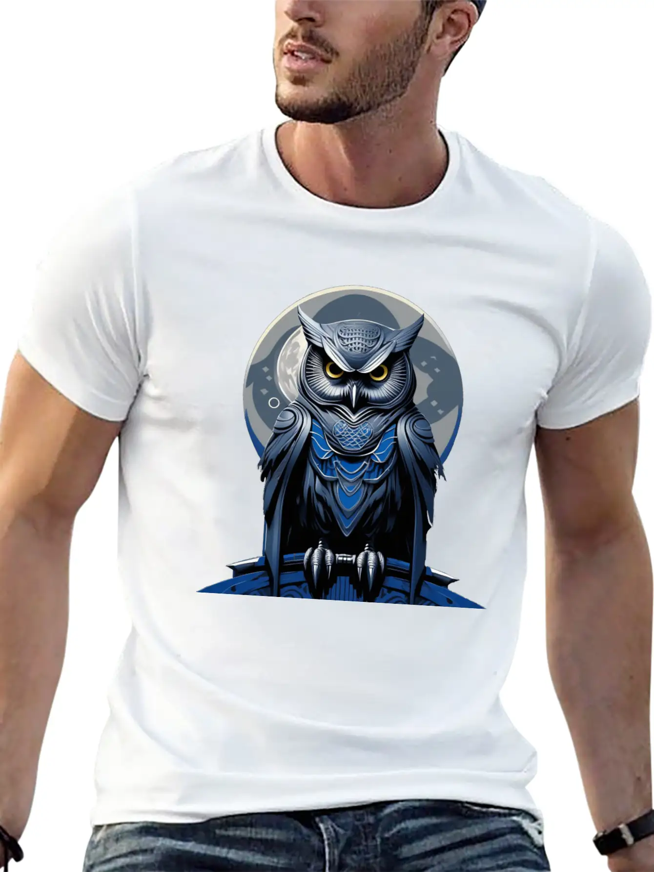 Azure Whispers Of Night: Mysterious Owl Fashion Comfortable Minimalist Graphic Tee – Summer Style Essential