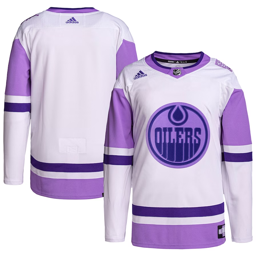Men's Edmonton Oilers White/Purple Hockey Fights Cancer Primegreen Authentic Blank Practice Jerseys