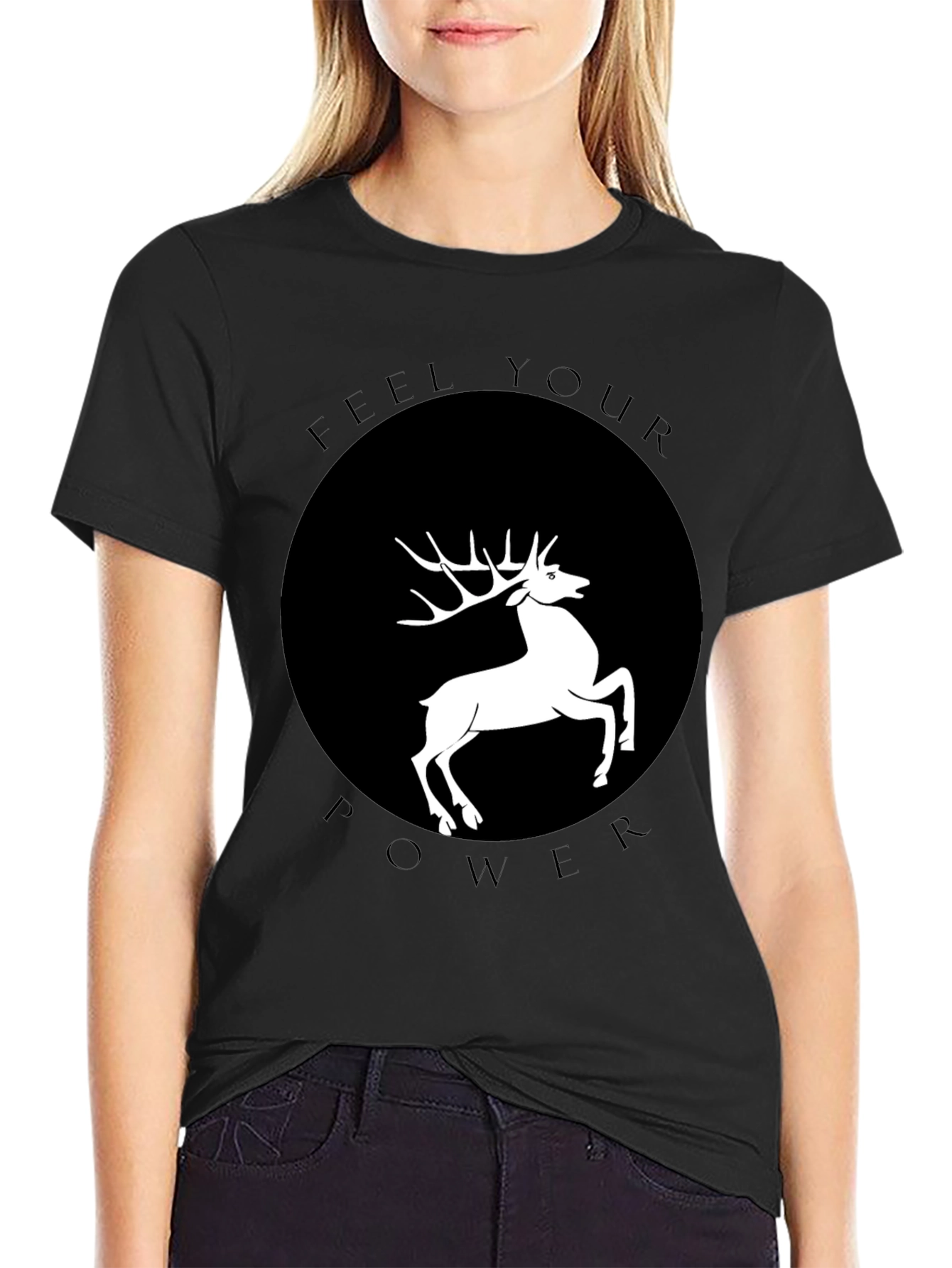 Feel Your Power Deer Graphic T-Shirt - Black