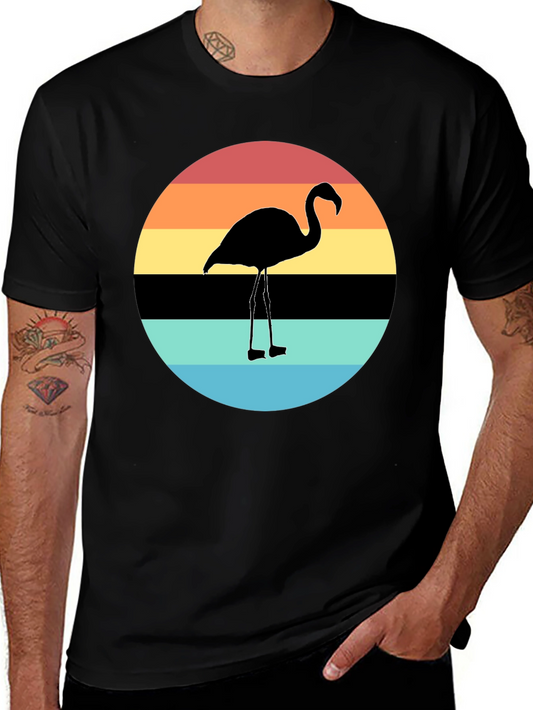 Retro Flamingo Sunset Graphic Tee - Black Cotton Blend