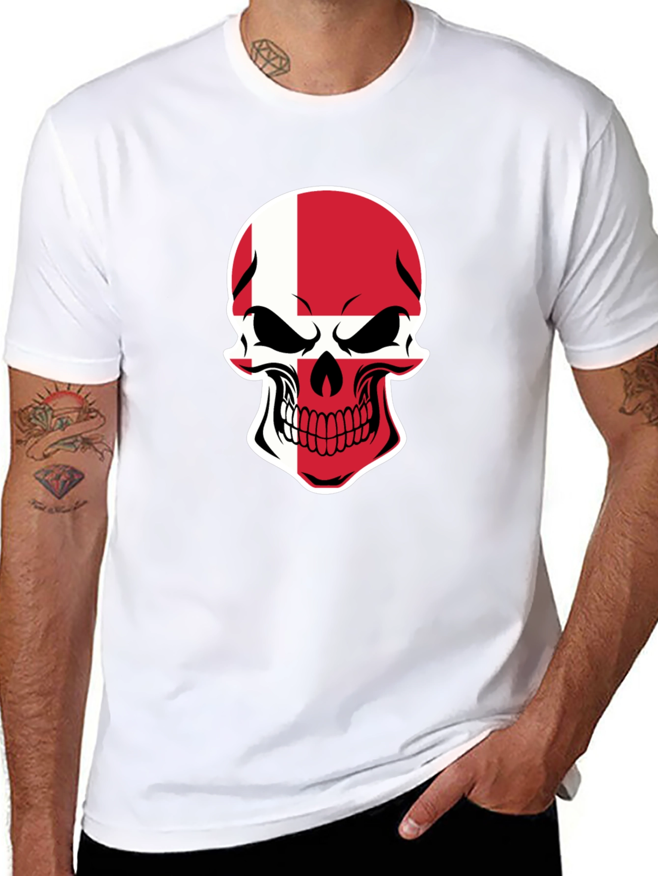 Denmark Flag Skull Graphic Tee - Black