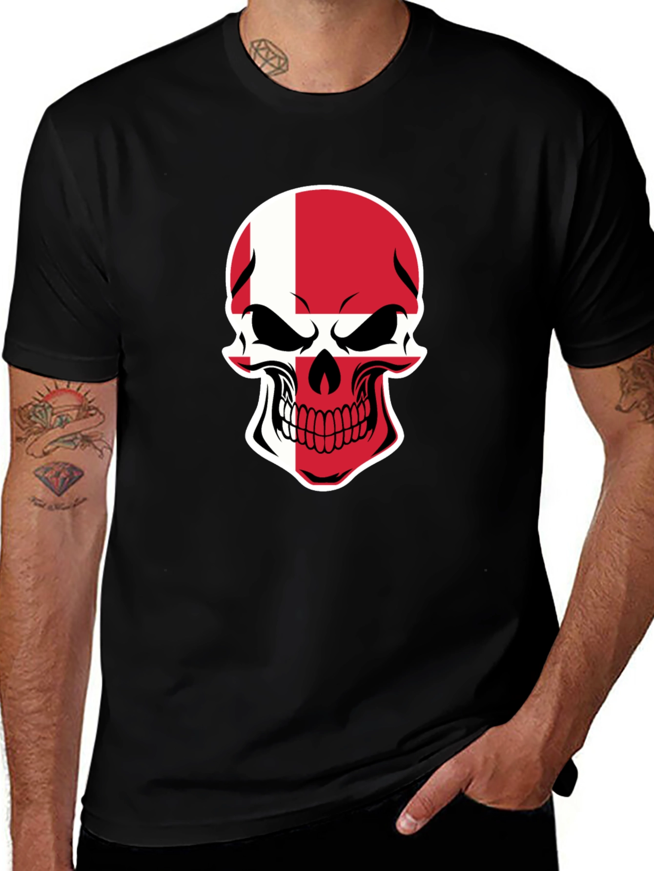 Denmark Flag Skull Graphic Tee - Black