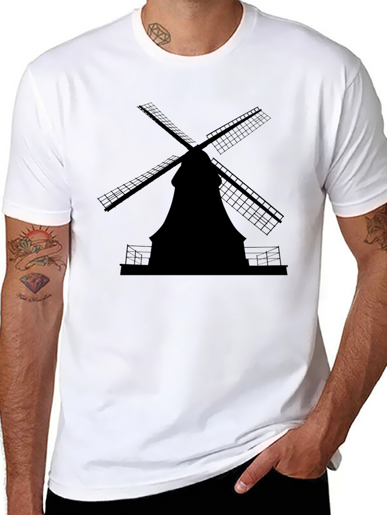 Dutch Windmill Silhouette Tee - Classic Black Cotton T-Shirt
