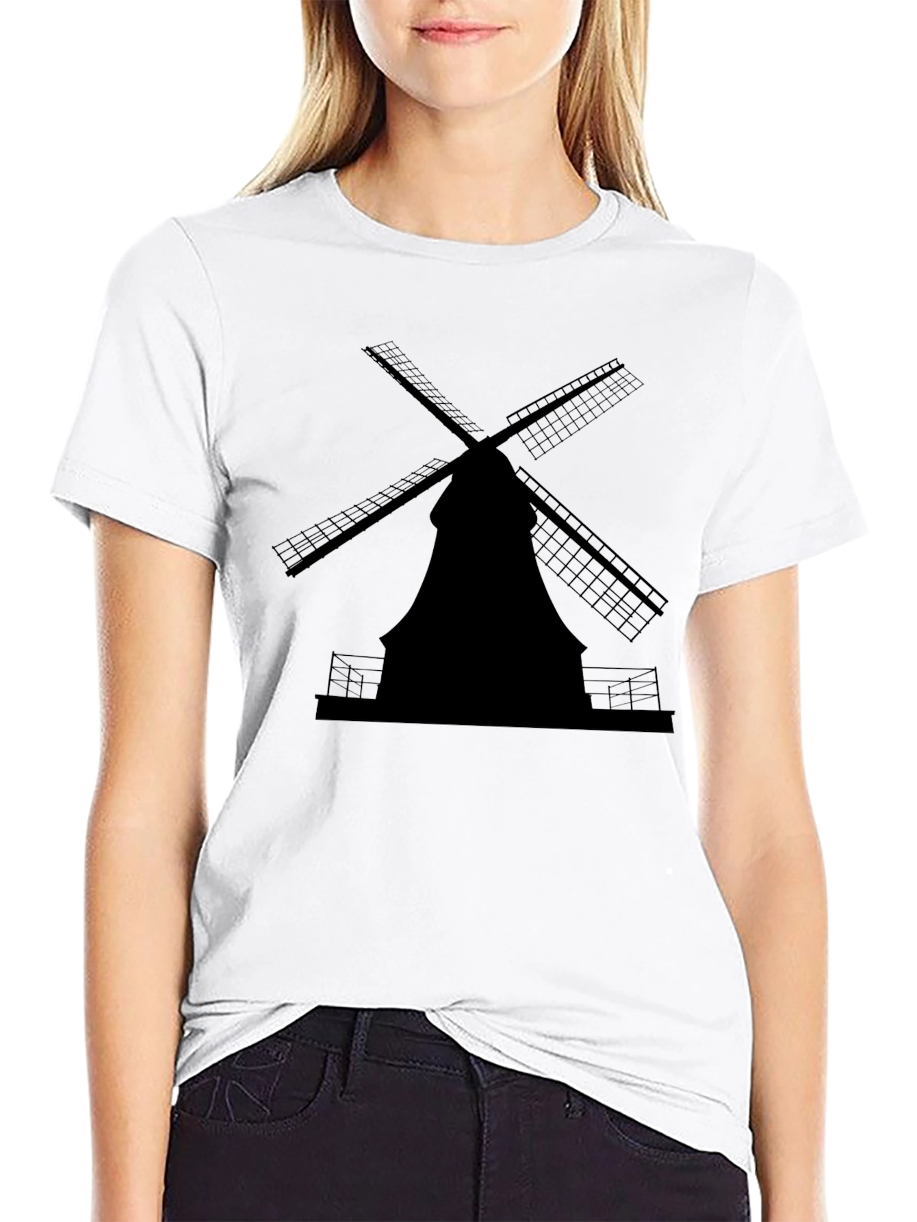 Dutch Windmill Silhouette Tee - Classic Black Cotton T-Shirt