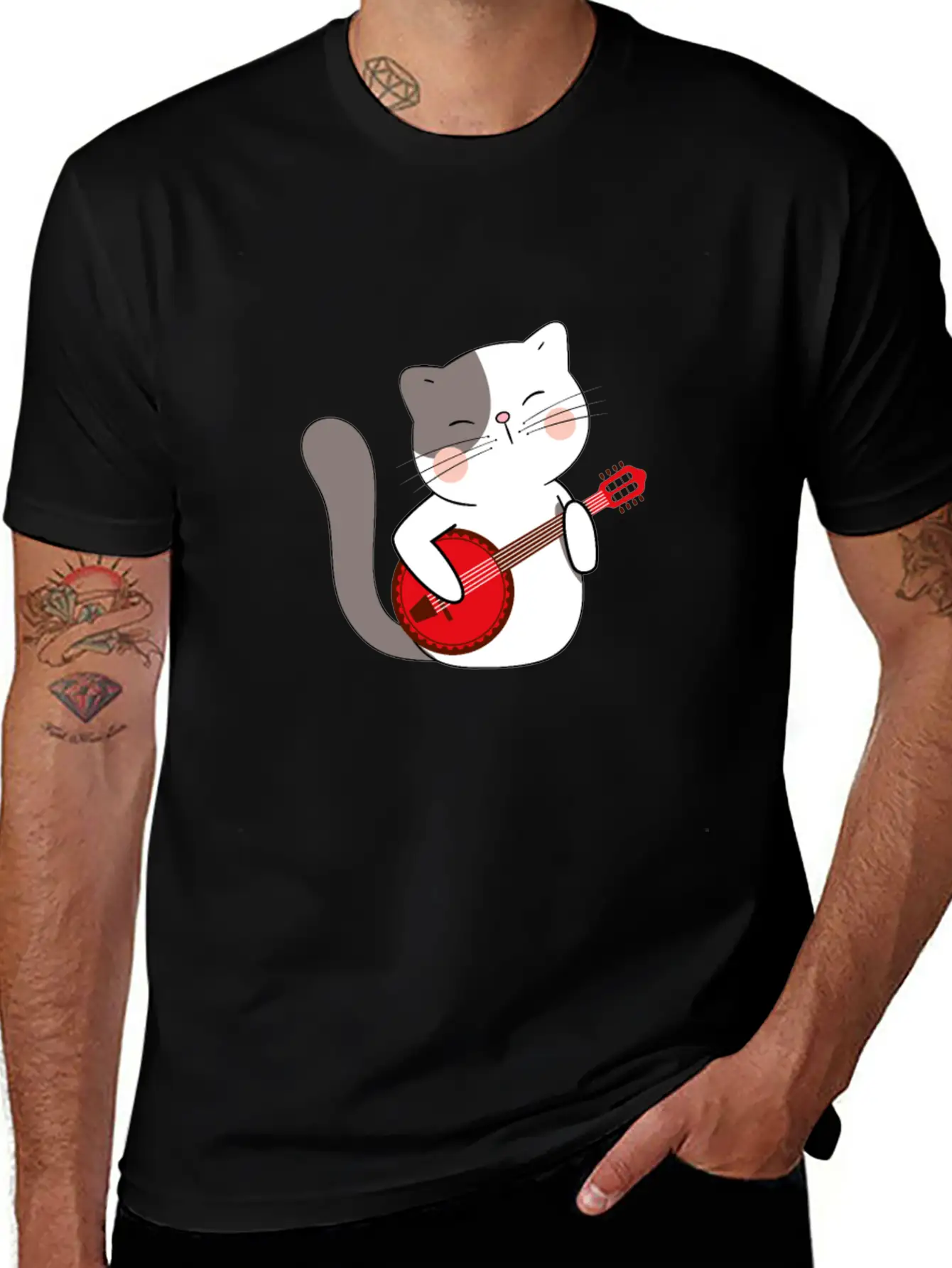Banjo Cat Unisex Short Sleeve Soft Cotton T-Shirt – Casual Everyday Wear