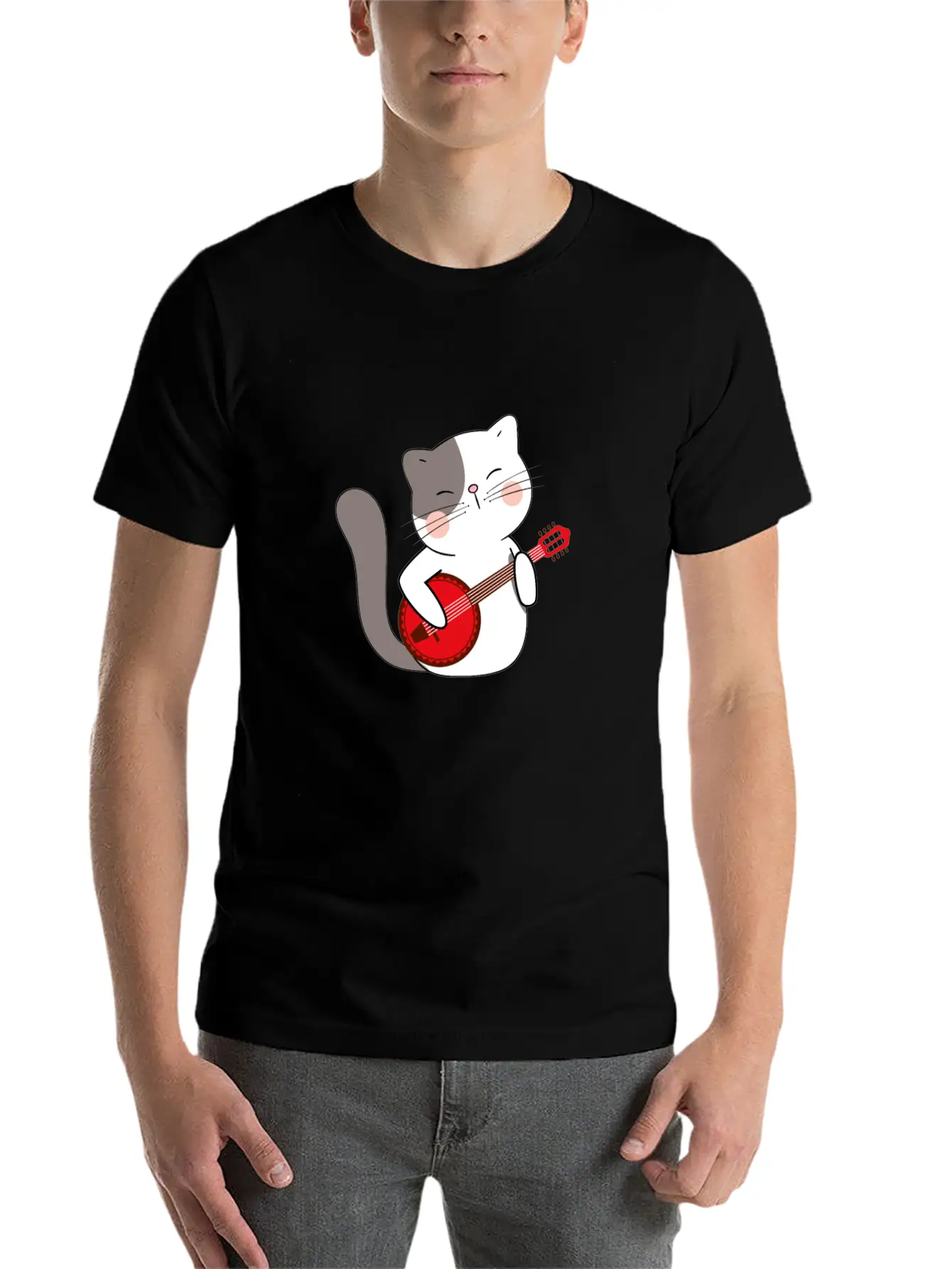 Banjo Cat Unisex Short Sleeve Soft Cotton T-Shirt – Casual Everyday Wear