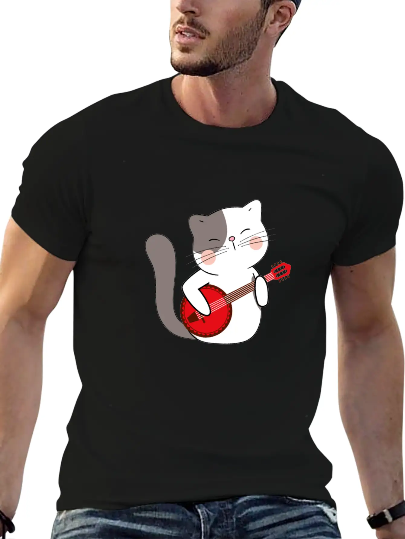 Banjo Cat Unisex Short Sleeve Soft Cotton T-Shirt – Casual Everyday Wear