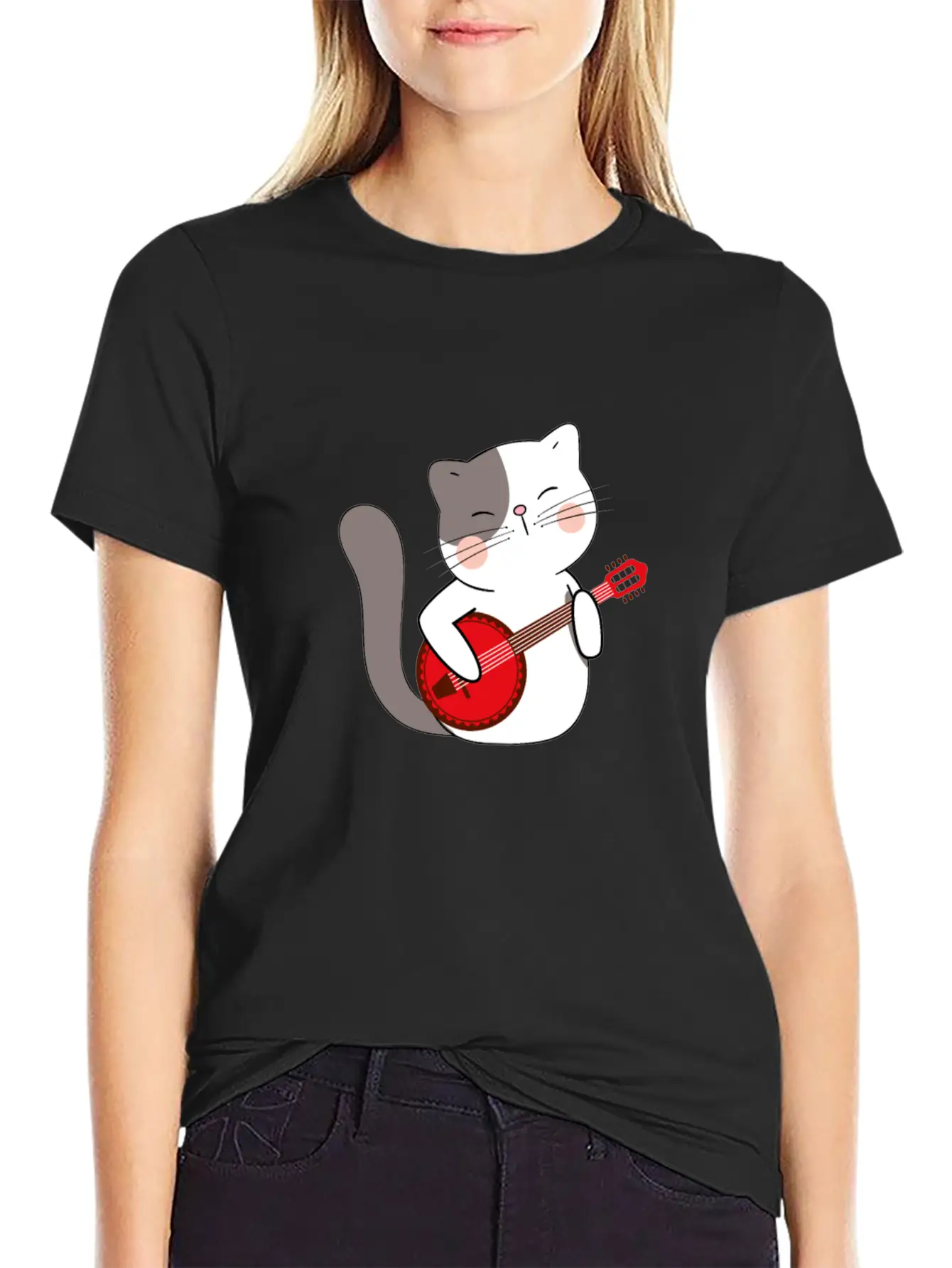 Banjo Cat Unisex Short Sleeve Soft Cotton T-Shirt – Casual Everyday Wear