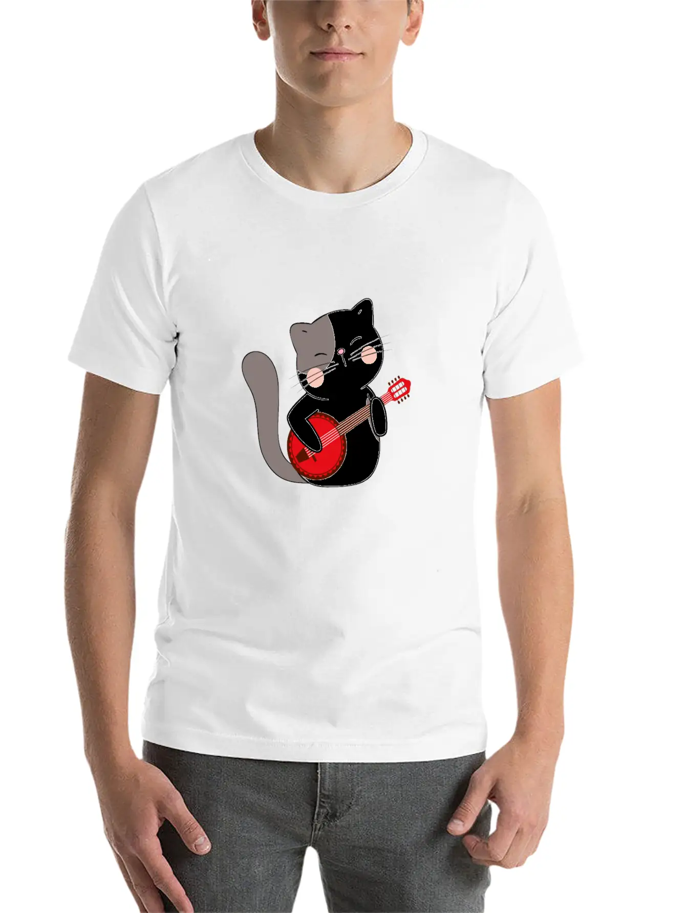 Banjo Cat Unisex Short Sleeve Soft Cotton T-Shirt – Casual Everyday Wear