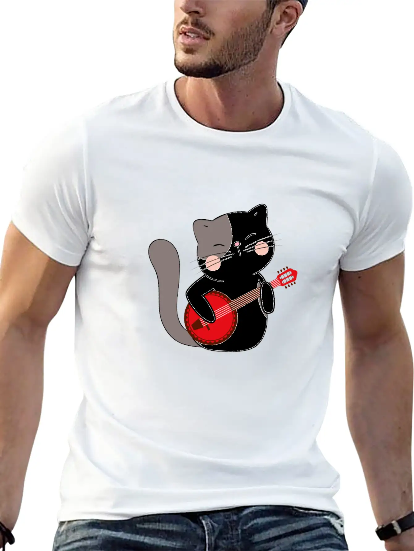 Banjo Cat Unisex Short Sleeve Soft Cotton T-Shirt – Casual Everyday Wear