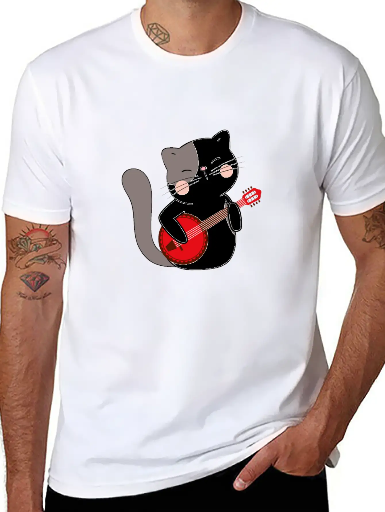 Banjo Cat Unisex Short Sleeve Soft Cotton T-Shirt – Casual Everyday Wear