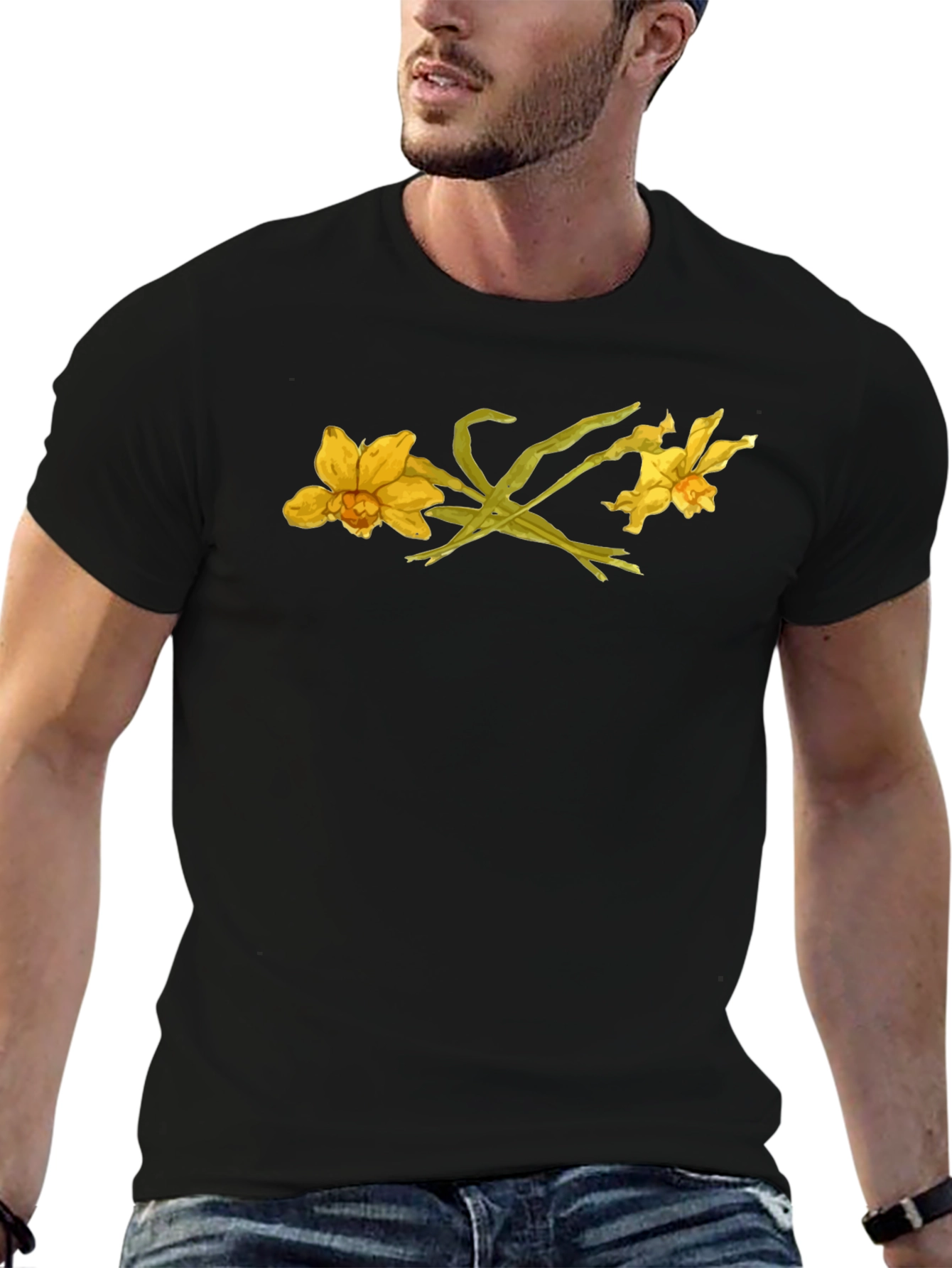 Floral Graphic Black T-Shirt - Daffodil Design