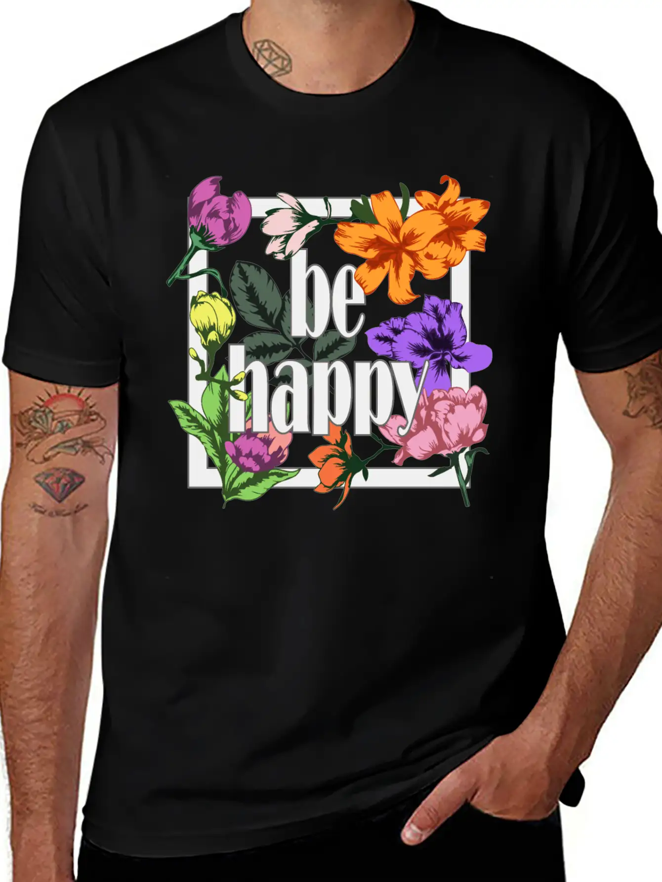 Be Happy Greeting On Blooming Garden Flowers Comfortable Minimalist Graphic Tee – Summer Style Essential