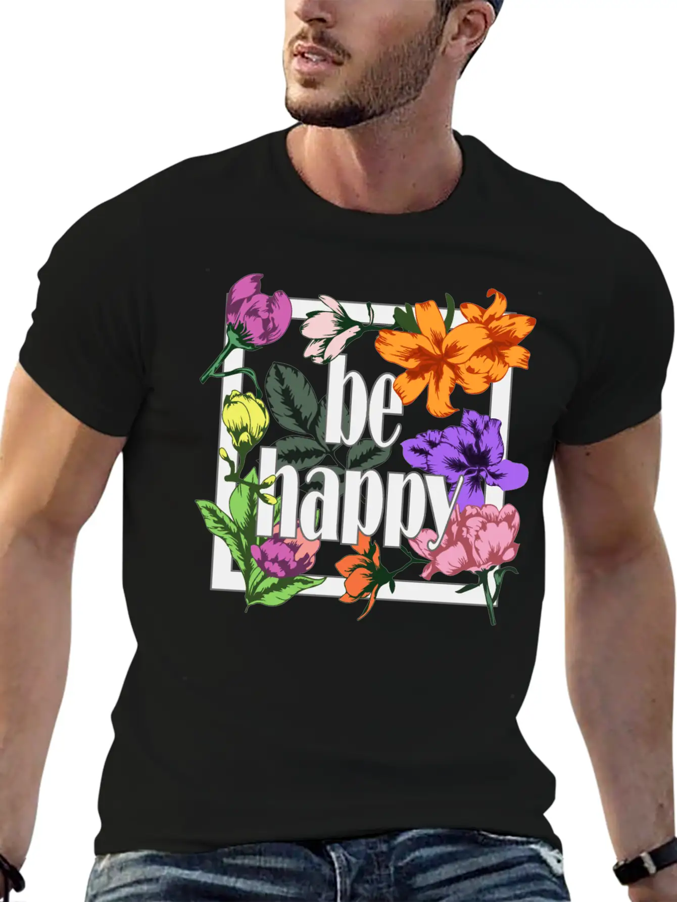 Be Happy Greeting On Blooming Garden Flowers Comfortable Minimalist Graphic Tee – Summer Style Essential