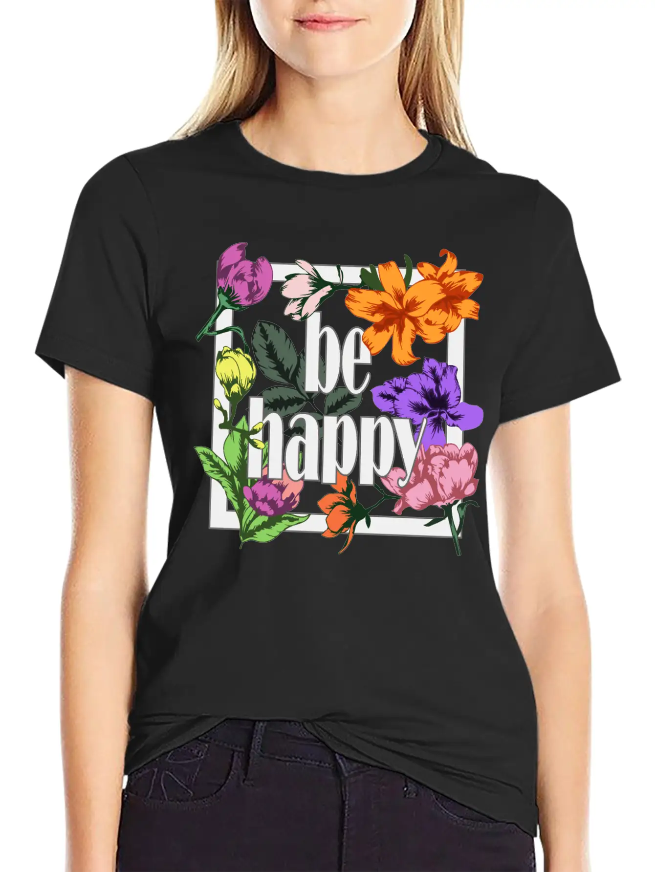 Be Happy Greeting On Blooming Garden Flowers Comfortable Minimalist Graphic Tee – Summer Style Essential
