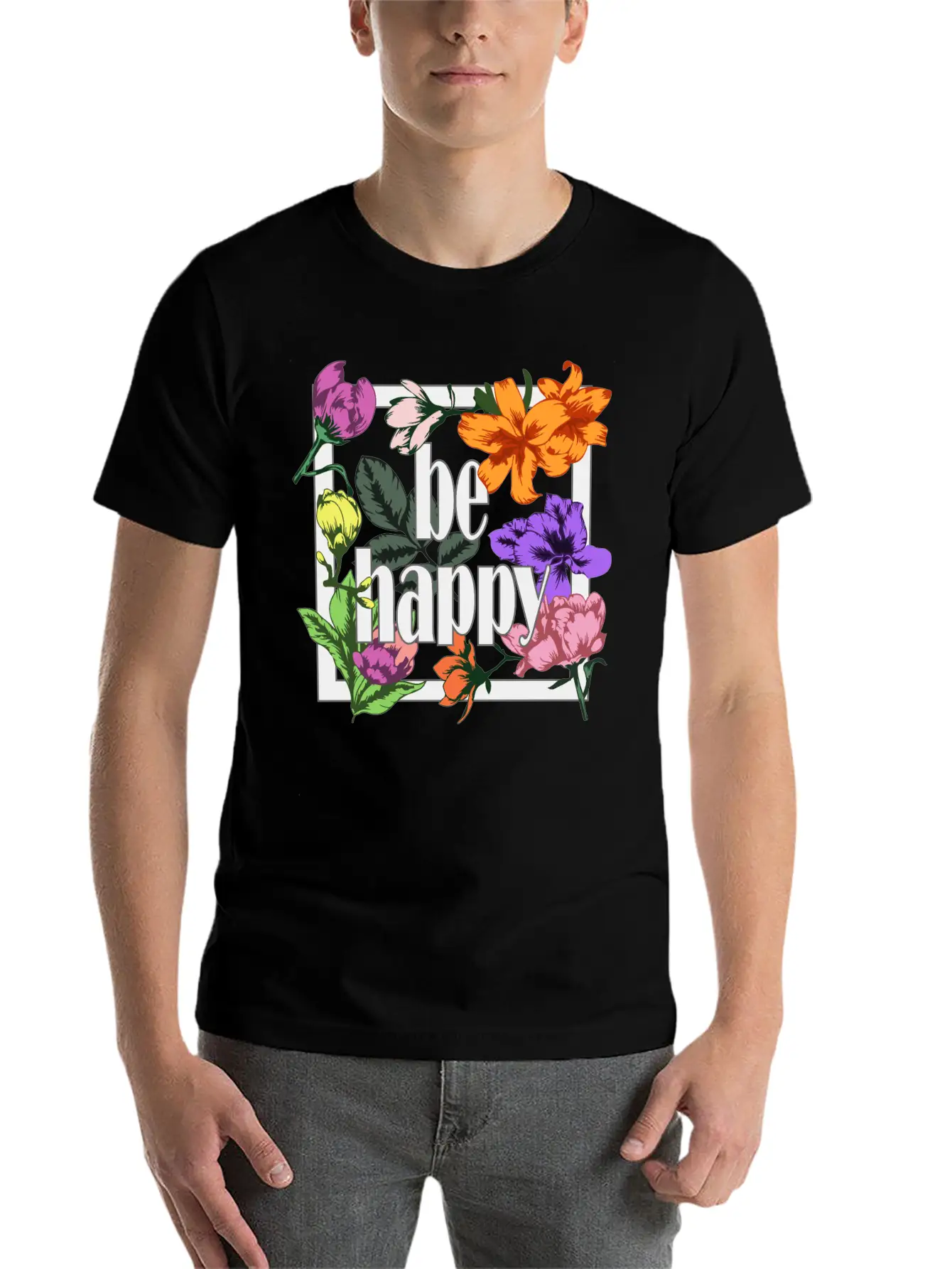 Be Happy Greeting On Blooming Garden Flowers Comfortable Minimalist Graphic Tee – Summer Style Essential