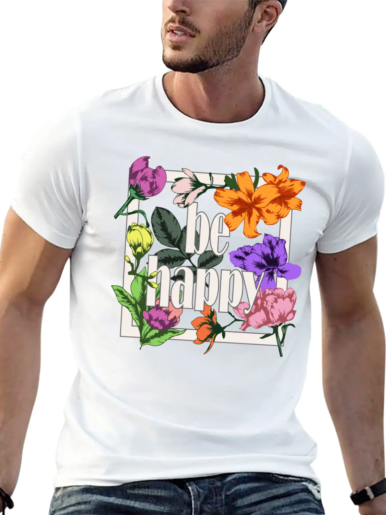 Be Happy Greeting On Blooming Garden Flowers Comfortable Minimalist Graphic Tee – Summer Style Essential