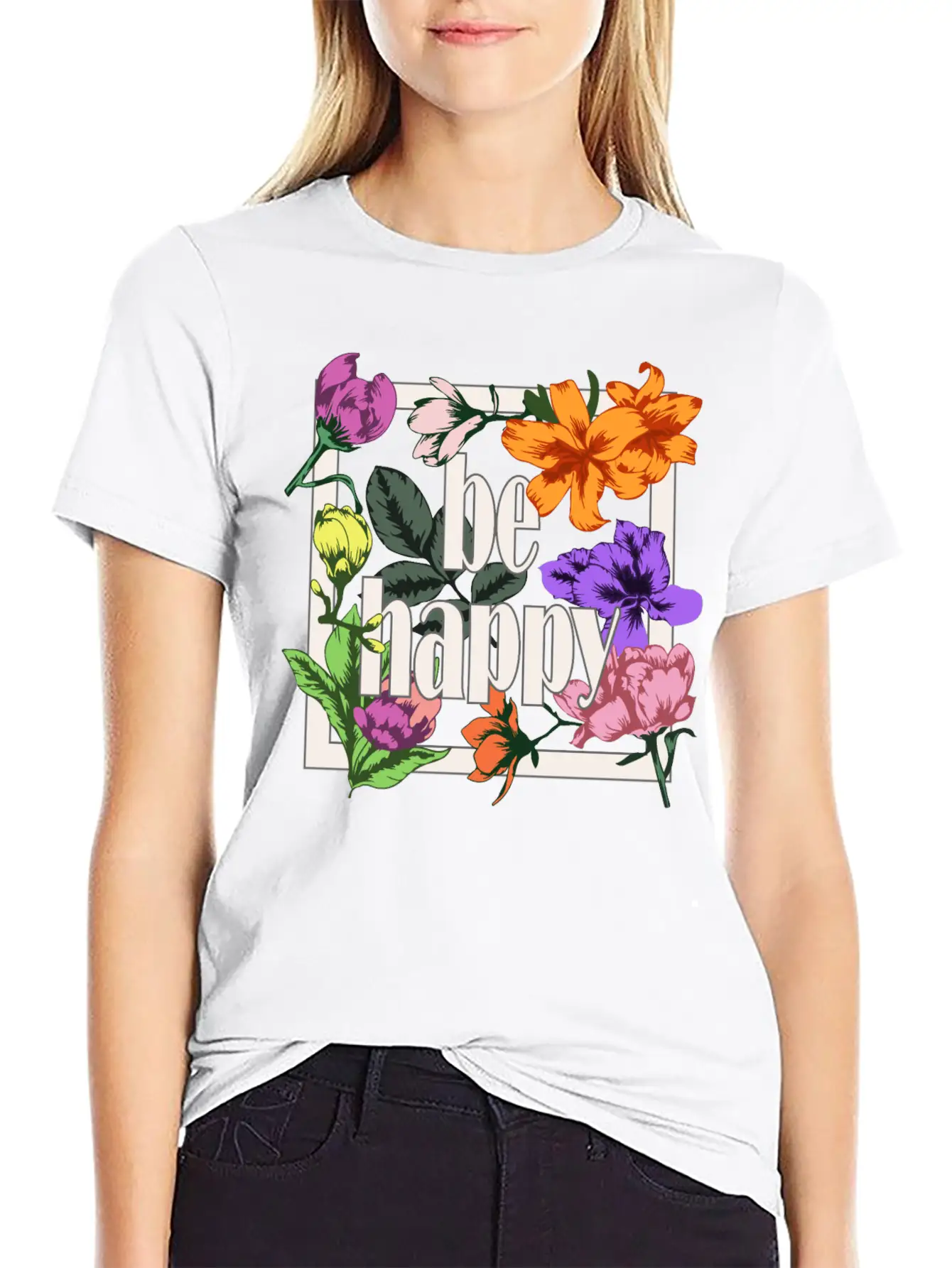 Be Happy Greeting On Blooming Garden Flowers Comfortable Minimalist Graphic Tee – Summer Style Essential