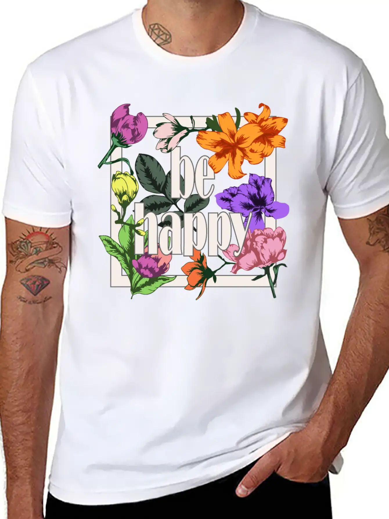 Be Happy Greeting On Blooming Garden Flowers Comfortable Minimalist Graphic Tee – Summer Style Essential