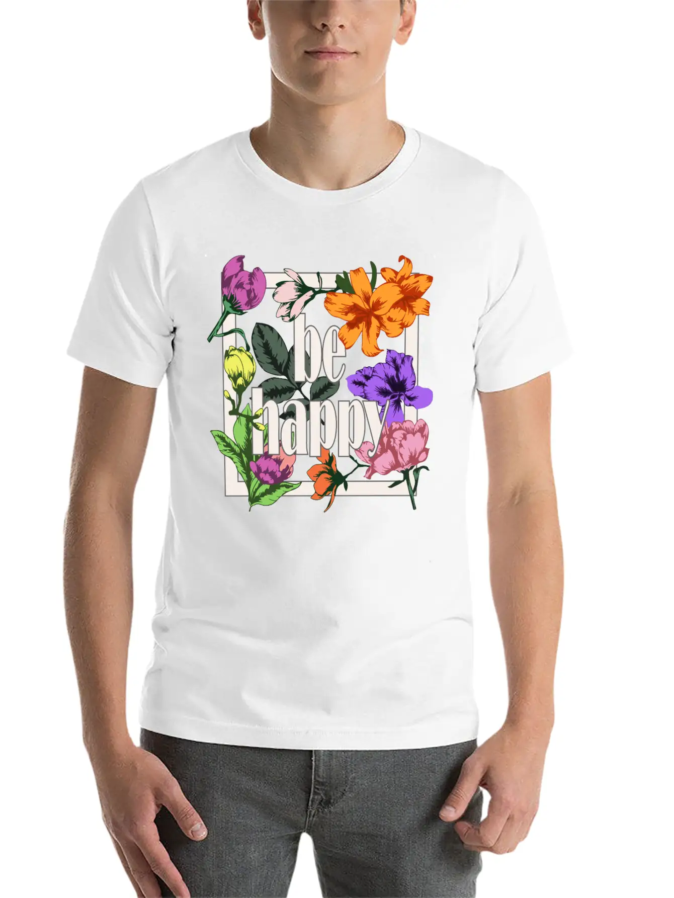 Be Happy Greeting On Blooming Garden Flowers Comfortable Minimalist Graphic Tee – Summer Style Essential