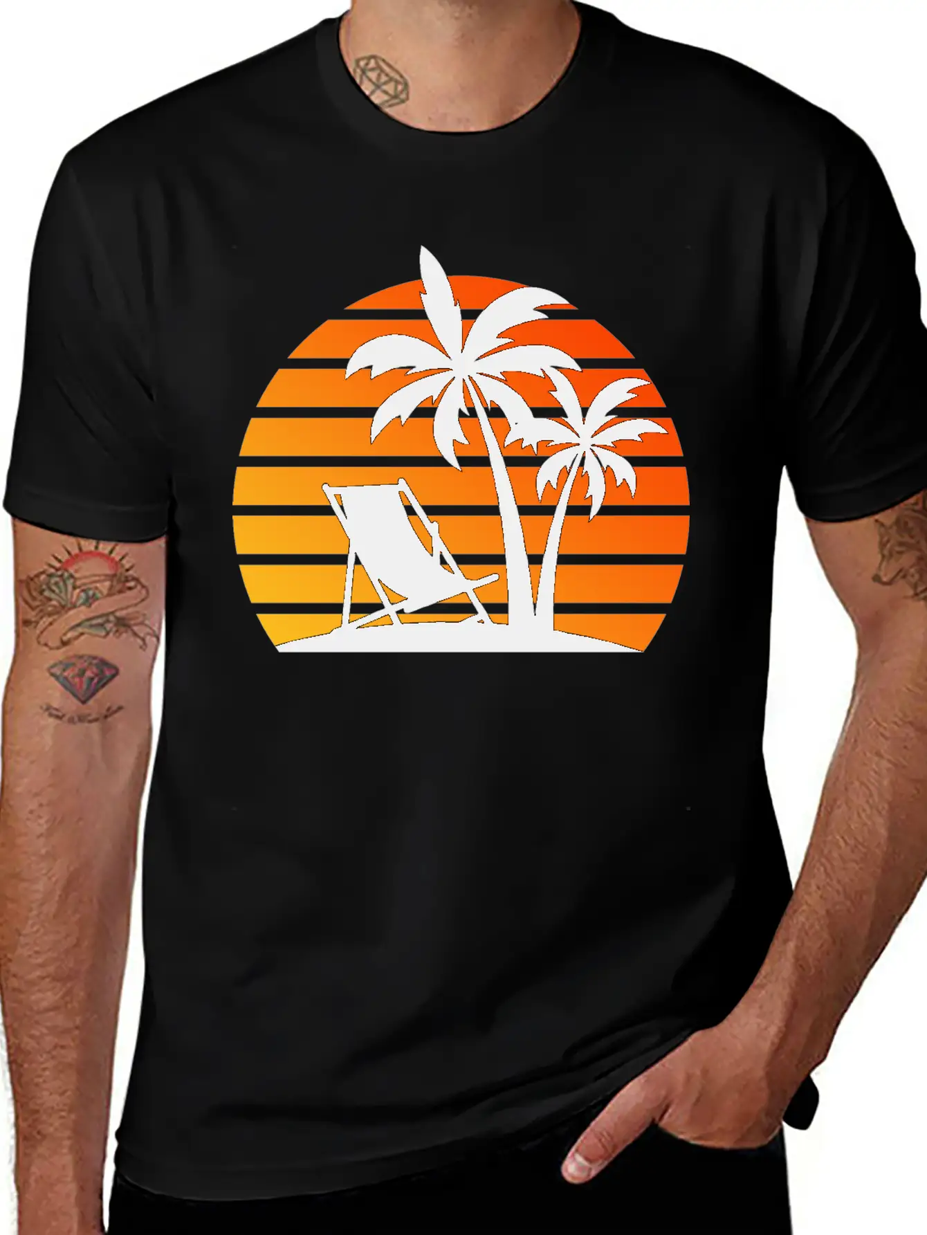 Beach Chair Palm Trees Sunset Black Timeless Short Sleeve Tee – Comfy And Minimalist Design