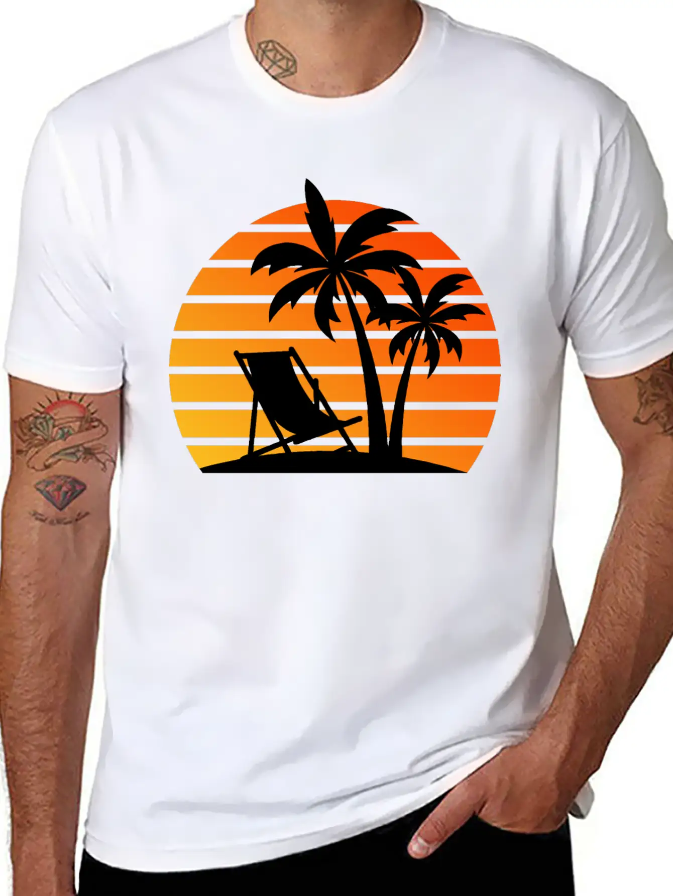 Beach Chair Palm Trees Sunset Black Timeless Short Sleeve Tee – Comfy And Minimalist Design