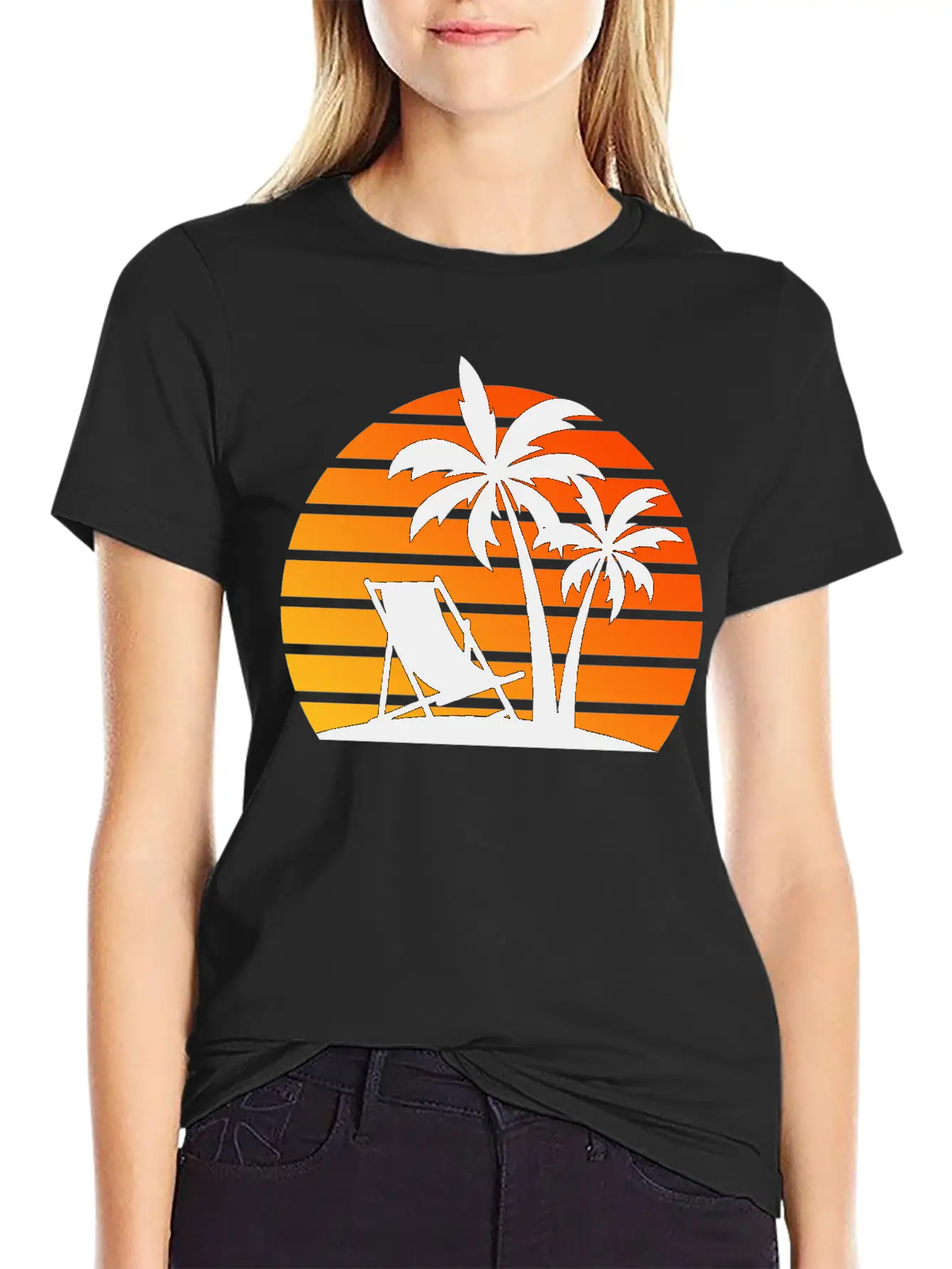 Beach Chair Palm Trees Sunset Black Timeless Short Sleeve Tee – Comfy And Minimalist Design