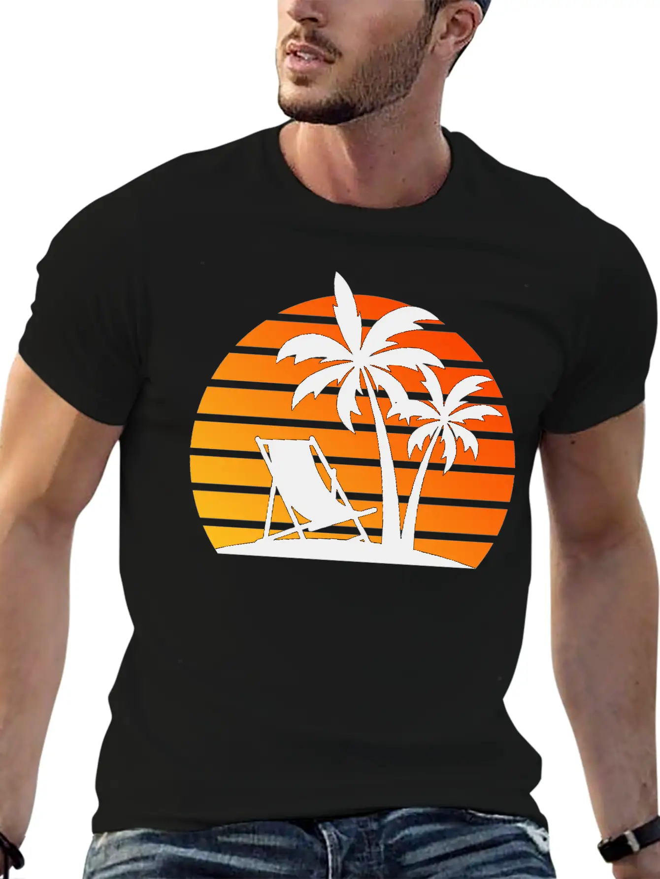 Beach Chair Palm Trees Sunset Black Timeless Short Sleeve Tee – Comfy And Minimalist Design
