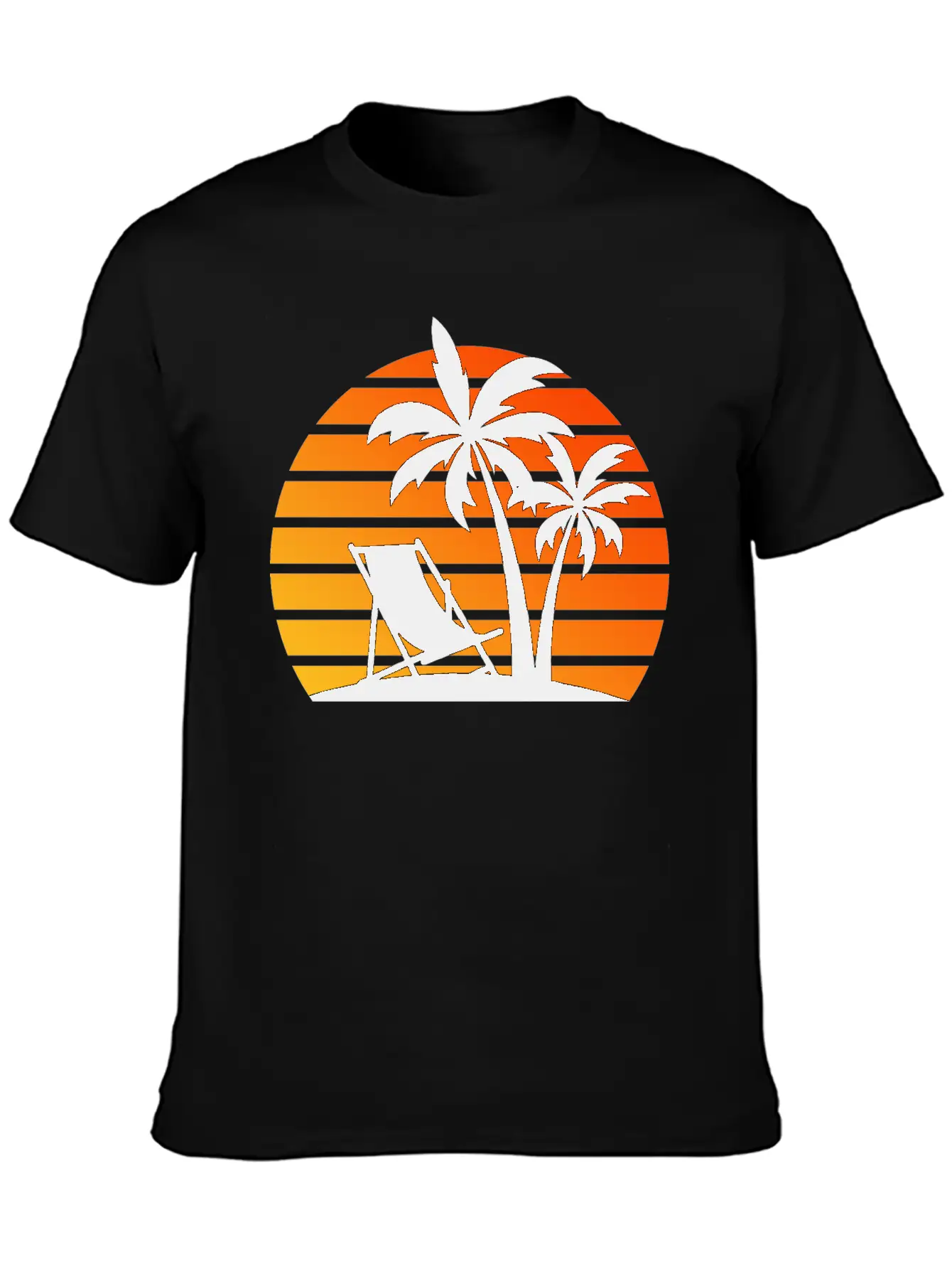 Beach Chair Palm Trees Sunset Black Timeless Short Sleeve Tee – Comfy And Minimalist Design
