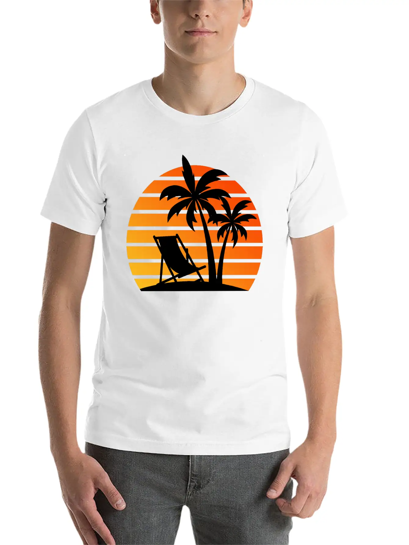 Beach Chair Palm Trees Sunset Black Timeless Short Sleeve Tee – Comfy And Minimalist Design