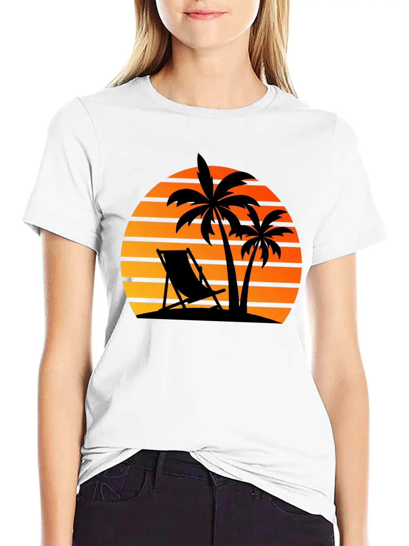 Beach Chair Palm Trees Sunset Black Timeless Short Sleeve Tee – Comfy And Minimalist Design