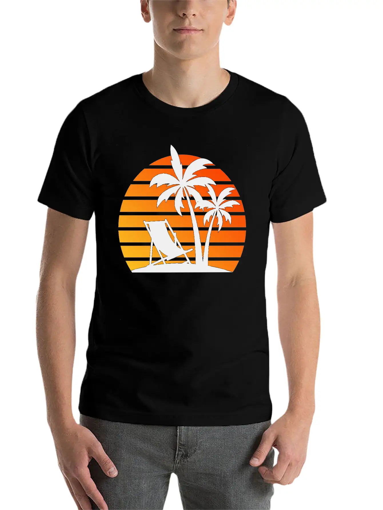 Beach Chair Palm Trees Sunset Black Timeless Short Sleeve Tee – Comfy And Minimalist Design