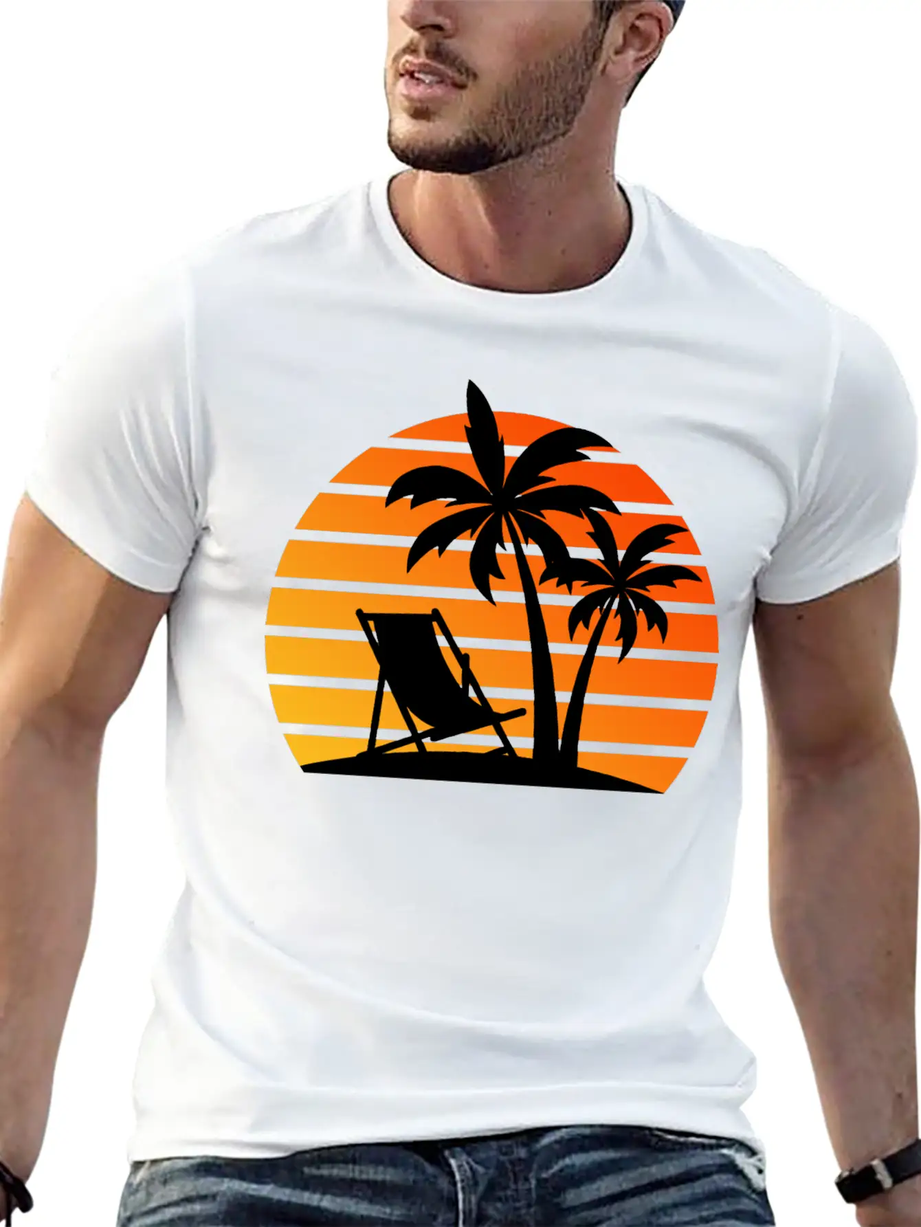 Beach Chair Palm Trees Sunset Black Timeless Short Sleeve Tee – Comfy And Minimalist Design