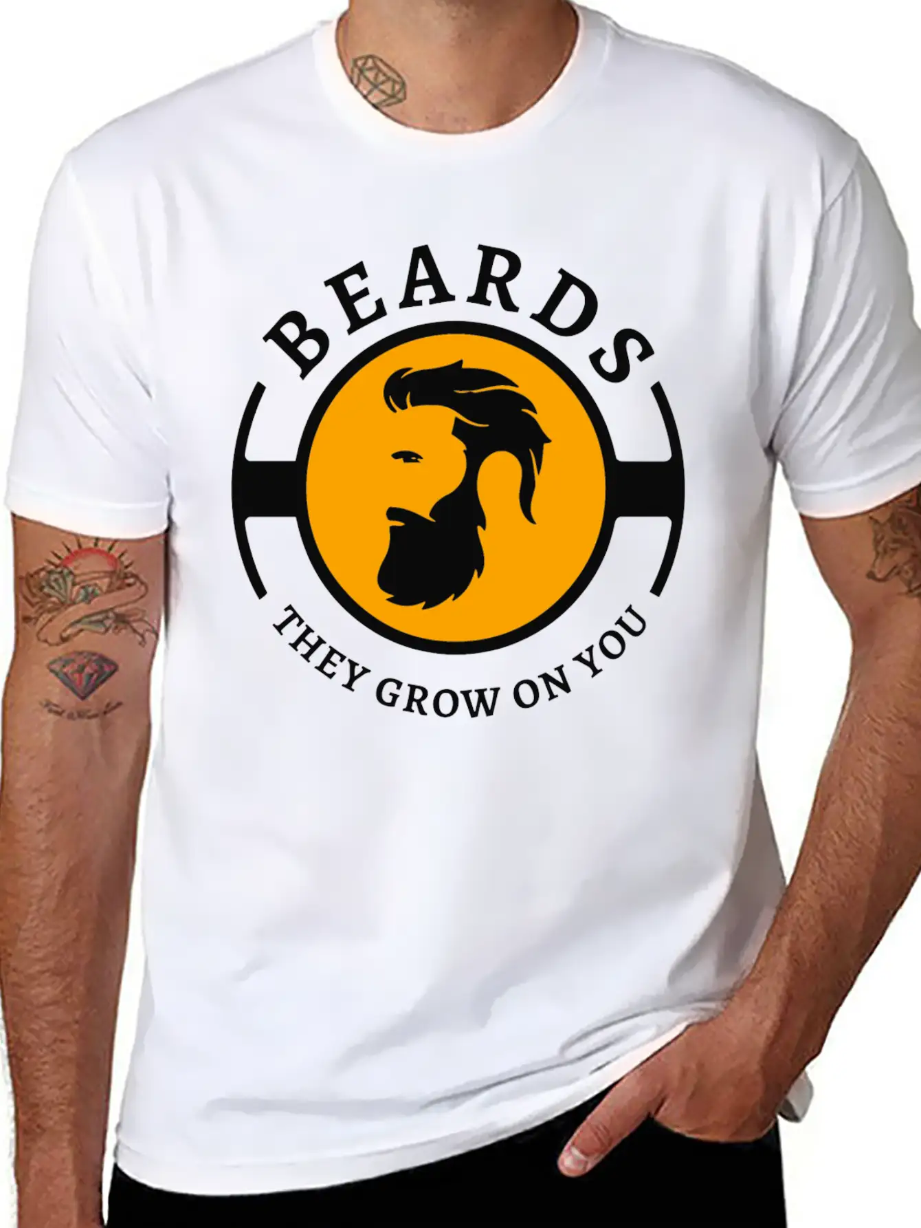 Beards, They Grow On You | Minimal Orange Design Unisex Short Sleeve Soft Cotton T-Shirt – Casual Everyday Wear